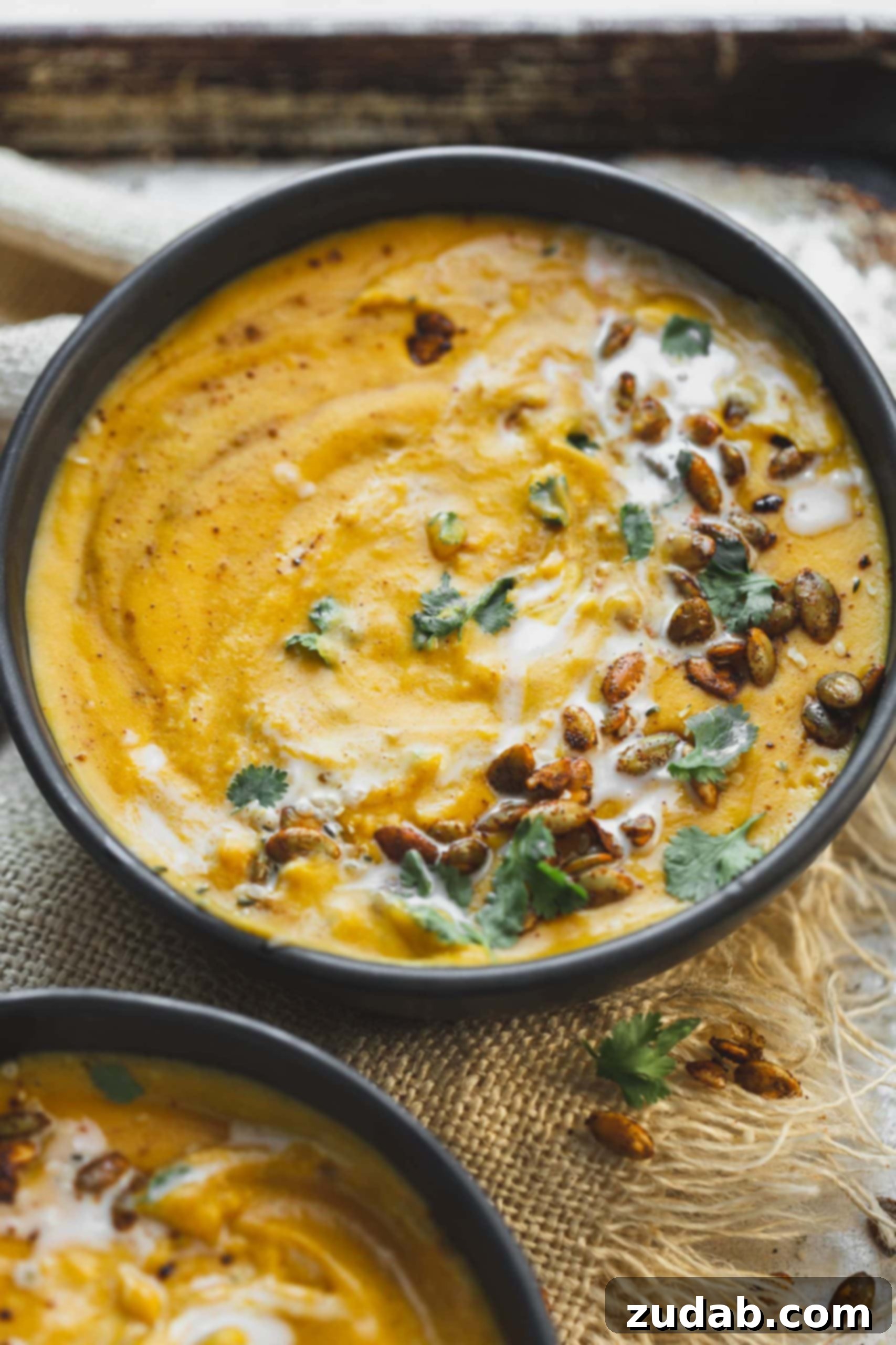 Plant Based Vegan Butternut Squash Soup A bowl of vegan butternut squash soup. The soup is thick and bright yellow in color and is topped with fresh cilantro and roasted hemp seeds.