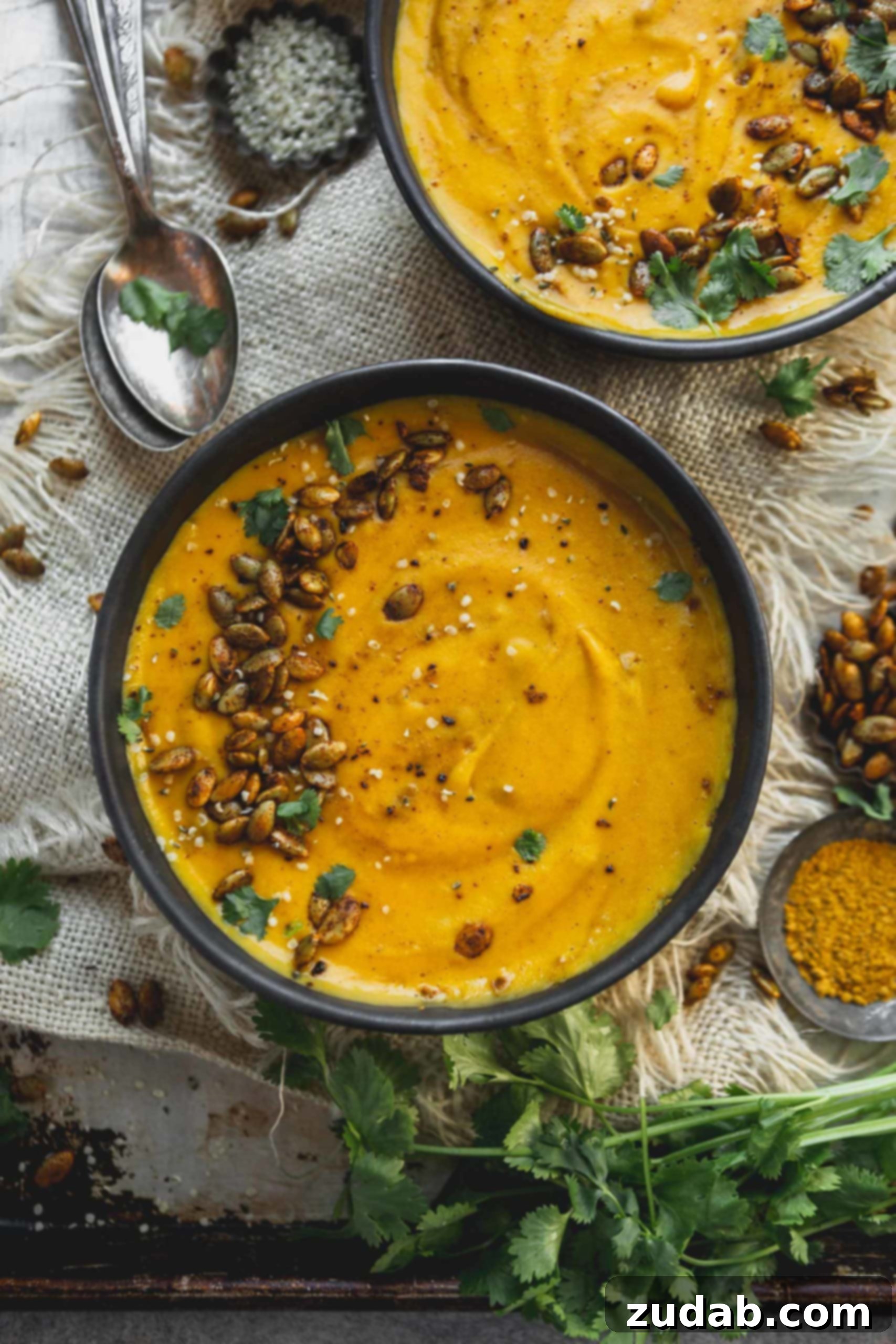 Plant Based Vegan Butternut Squash Soup A bowl of vegan butternut squash soup sprinkled with cilantro and hemp seeds. A spoon and another bowl of soup are in the background.