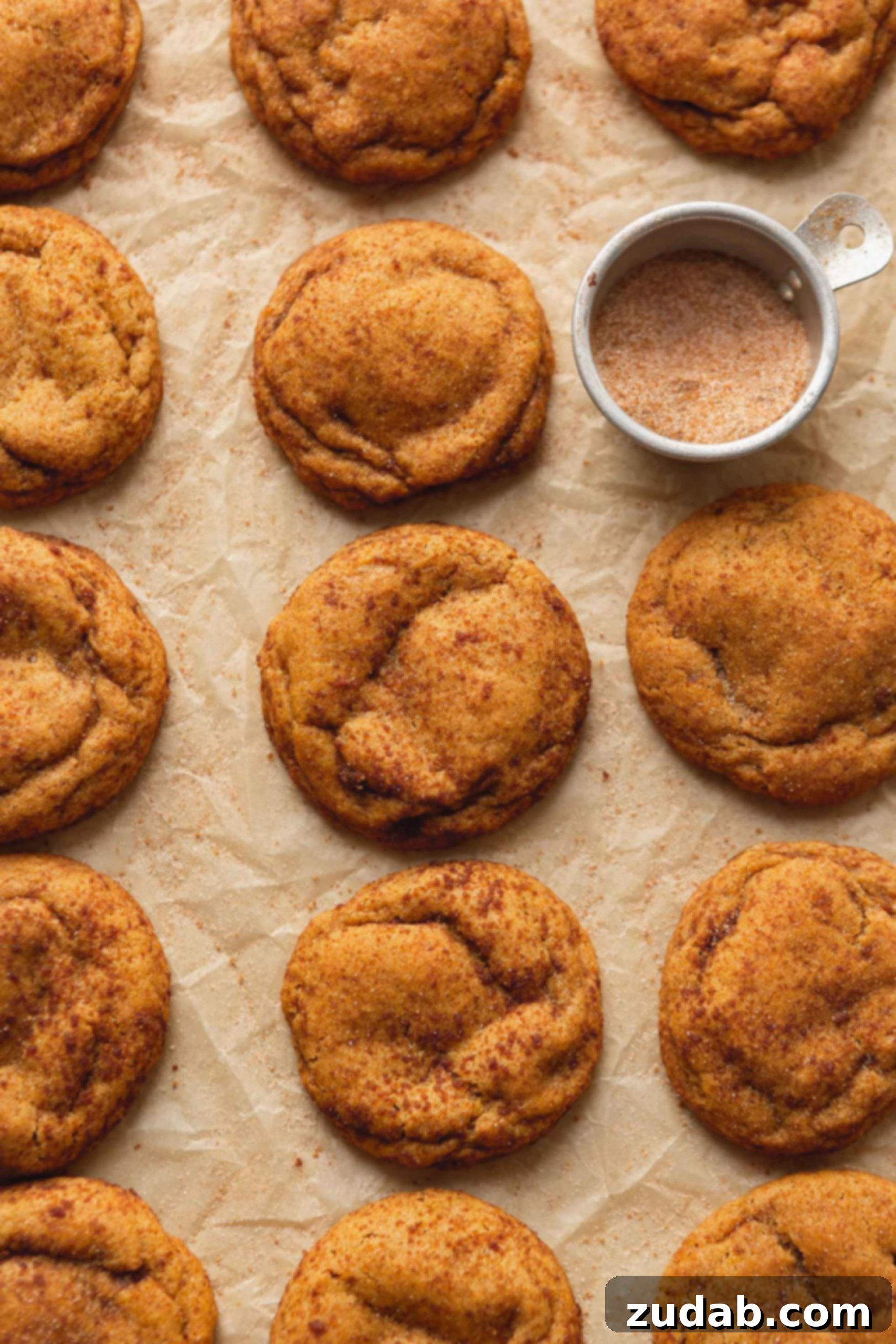 The Best Chewy Pumpkin Cookies I Ever Ate Three rows of chewy pumpkin cookies with a small bowl of cinnamon sugar. The cookies are baked and look soft and chewy.
