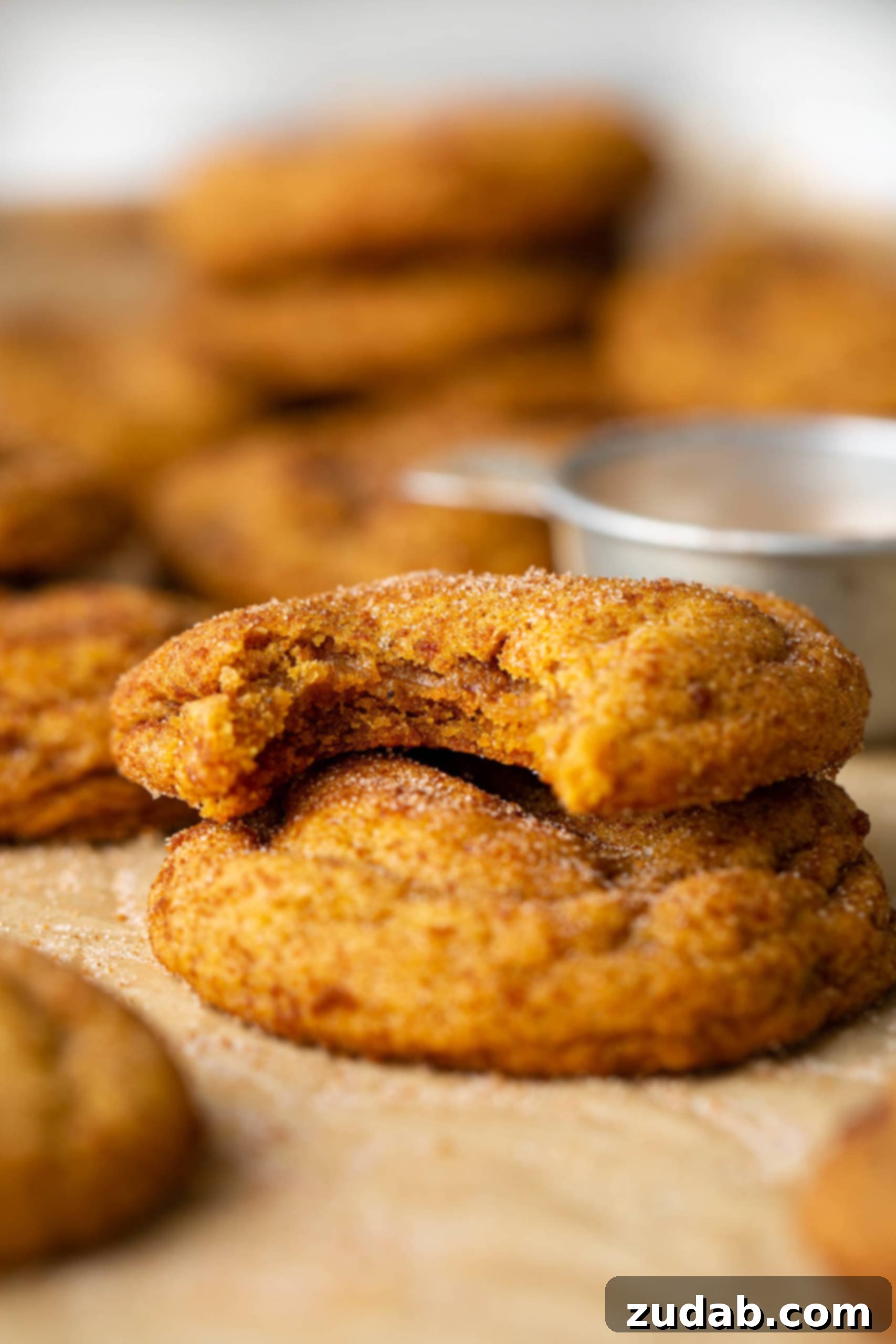 Your New Favorite Chewy Pumpkin Cookies 2 Two chewy pumpkin cookies stacked on top of each other. The top on has a bite taken out of it. They are topped with brown sugar and cinnamon.