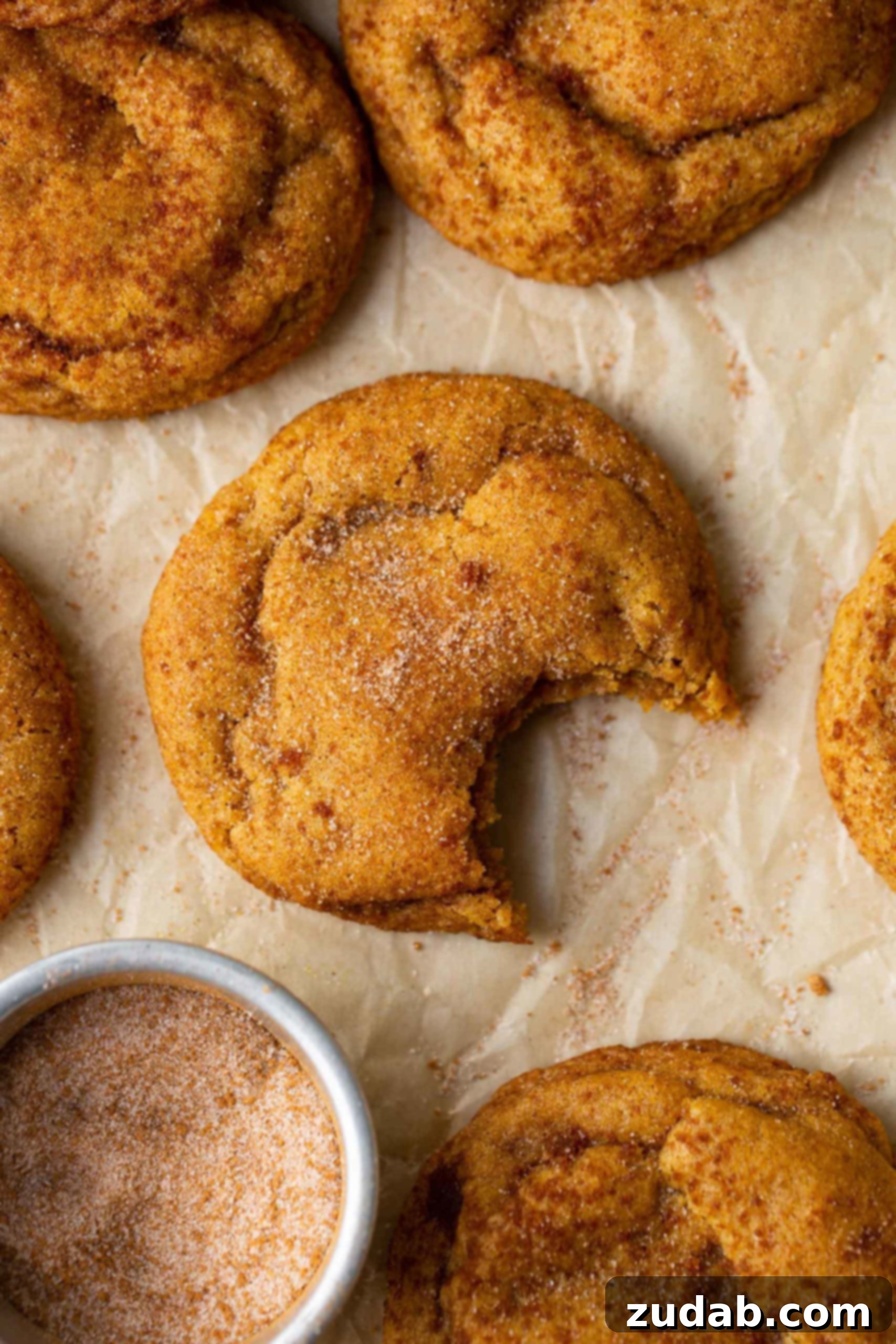 The Best Chewy Pumpkin Cookies I Ever Ate A chewy pumpkin cookie with a bite taken out of it. It is dense and chewy and has brown sugar and cinnamon on top.