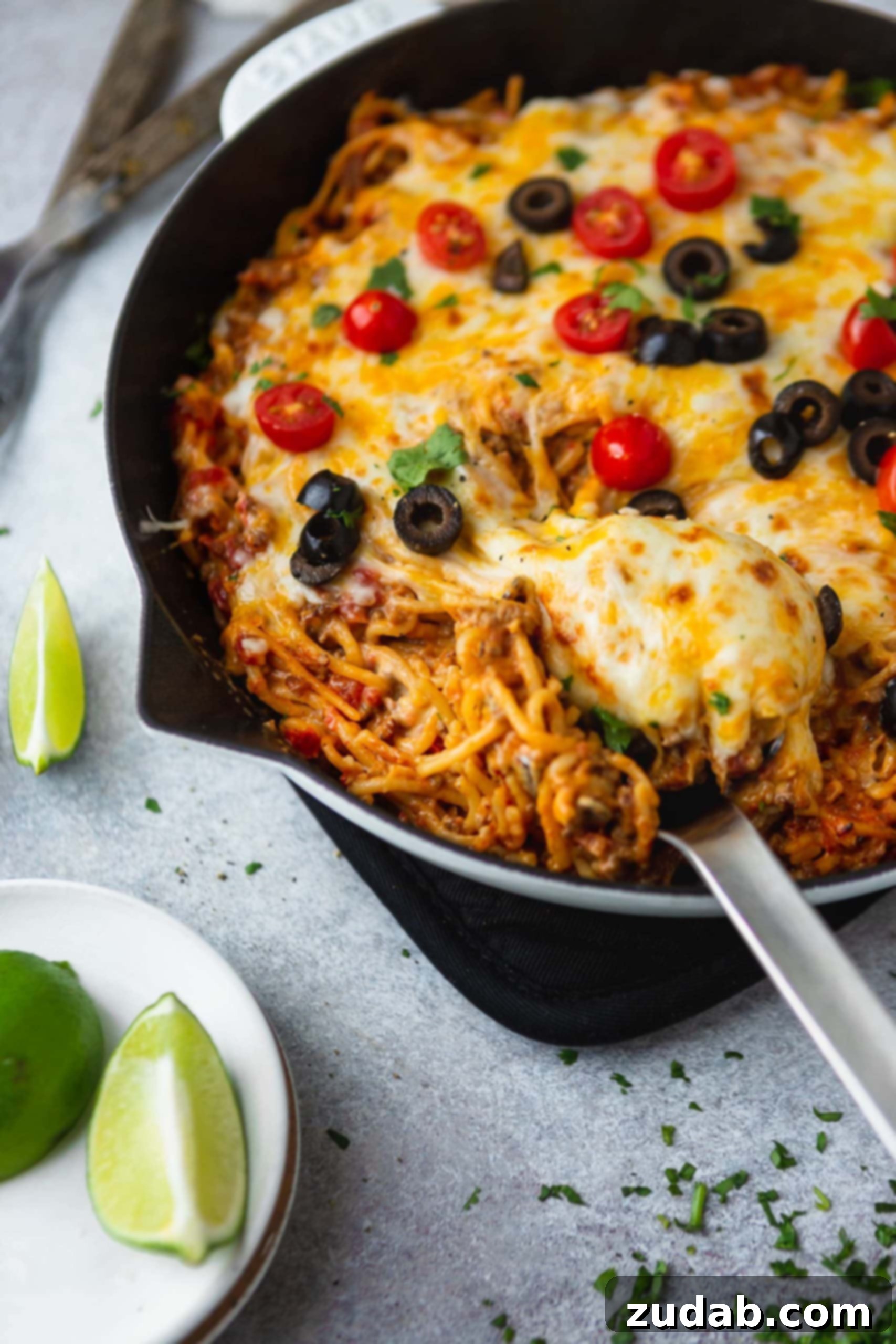 One Pot Cheesy Ground Beef Taco Spaghetti A cast iron skillet filled with cheesy ground beef taco spaghetti. A serving spoon is in the spaghetti and the dish is topped with melted cheese, tomatoes, olives, green onion and cilantro. Lime wedges are on the table next to the skillet.