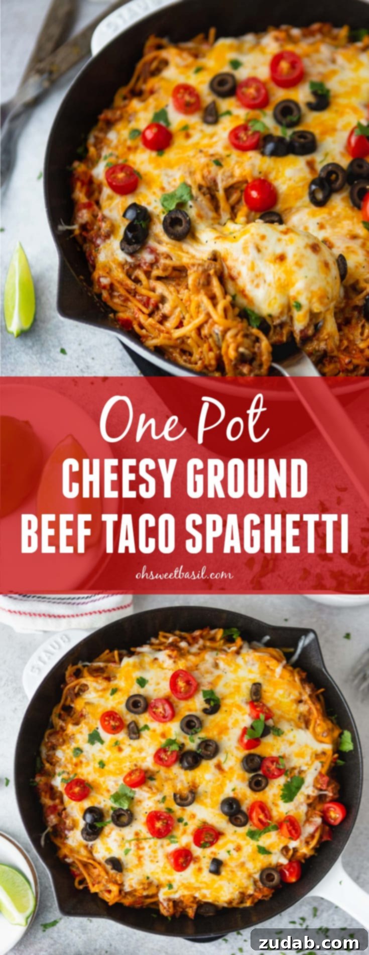 Hearty Cheesy Taco Spaghetti Skillet 2 A cast iron skillet filled with cheesy ground beef taco spaghetti. A serving spoon is in the spaghetti and the dish is topped with melted cheese, tomatoes, olives, green onion and cilantro. Lime wedges are on the table next to the skillet.