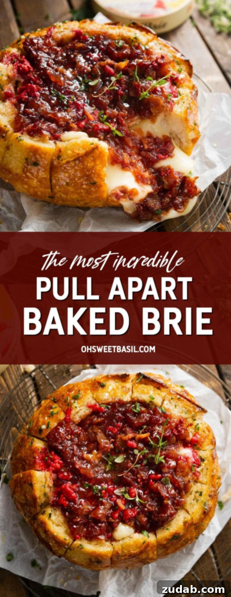 The Ultimate Tear and Share Baked Brie 3 A beautifully golden-baked sourdough bread bowl, its center filled with melted brie and a rich raspberry bacon onion jam, with a piece of the warm bread pulled aside to show the gooey cheese.