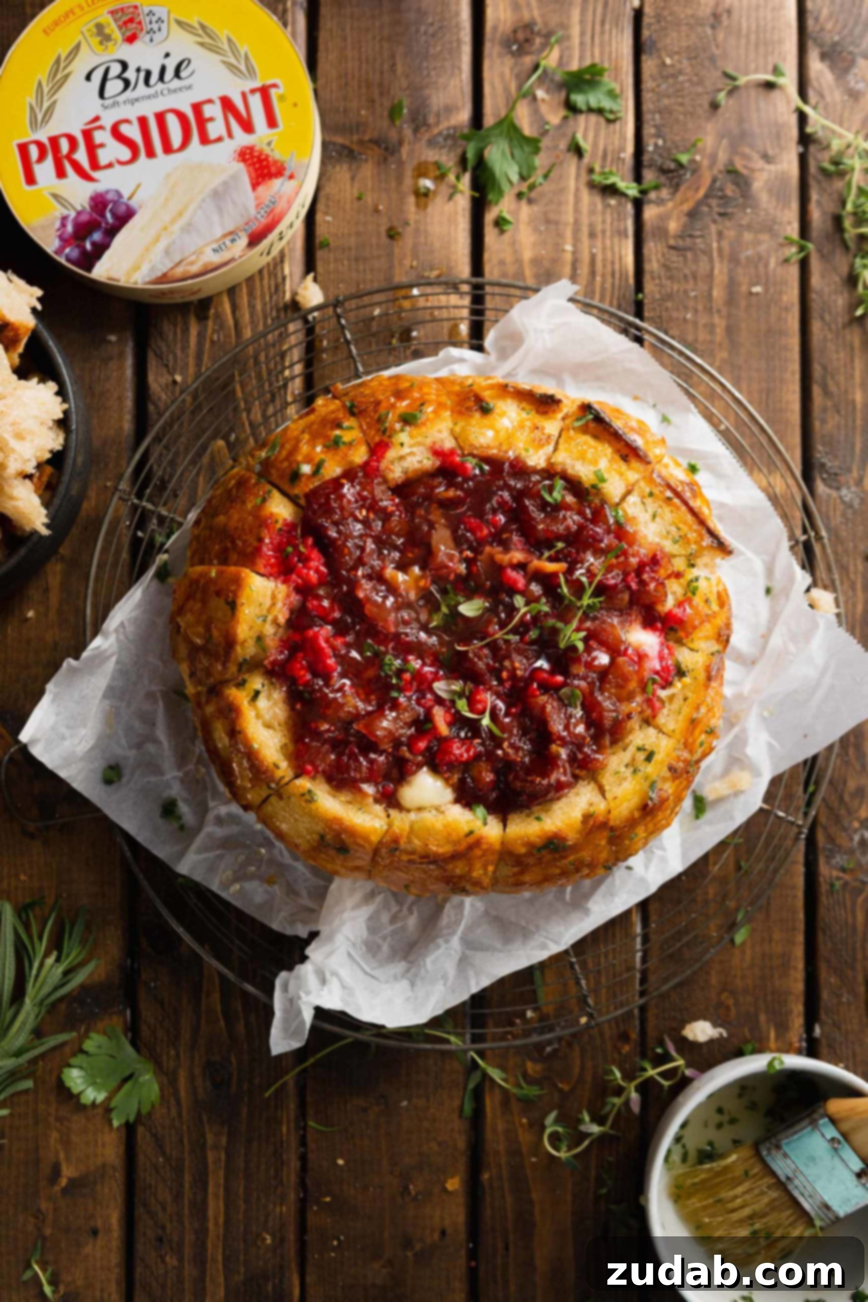 The Most Incredible Pull Apart Baked Brie A perfectly baked sourdough bread bowl, hollowed out and filled with a golden-brown brie cheese, generously topped with vibrant raspberry and caramelized onion jam.
