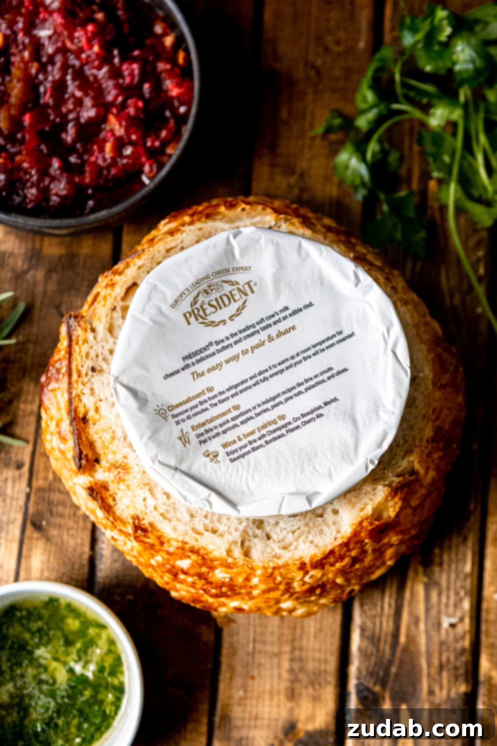 The Most Incredible Pull Apart Baked Brie A crusty sourdough bread bowl with its center scooped out, ready to receive a creamy wheel of Président Brie cheese, highlighted against a rustic background.