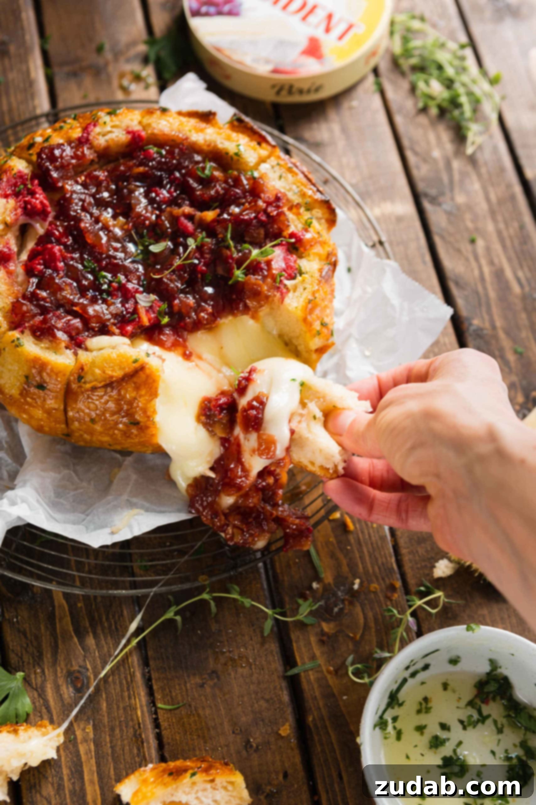 The Most Incredible Pull Apart Baked Brie A hand reaching to pull a piece of toasted sourdough bread from a baked brie bread bowl, revealing the melted, creamy cheese and raspberry bacon onion jam.