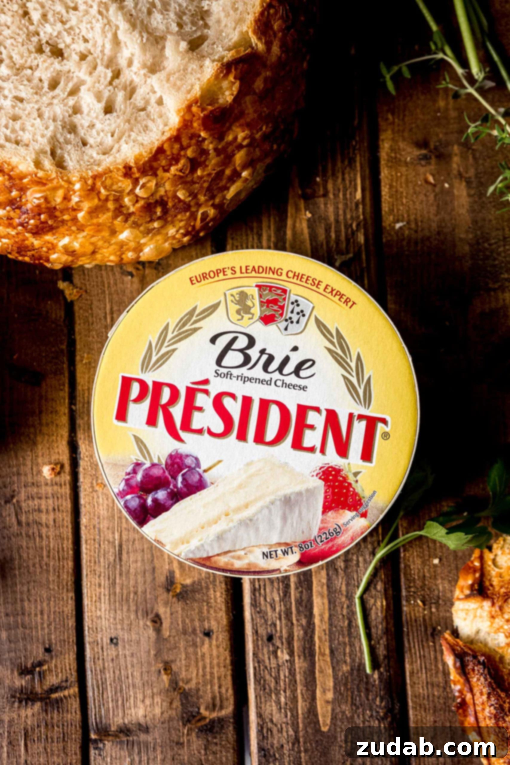 The Most Incredible Pull Apart Baked Brie A wheel of Président Brie cheese, still in its original wrapper, showcasing its elegant packaging and readiness for preparation.