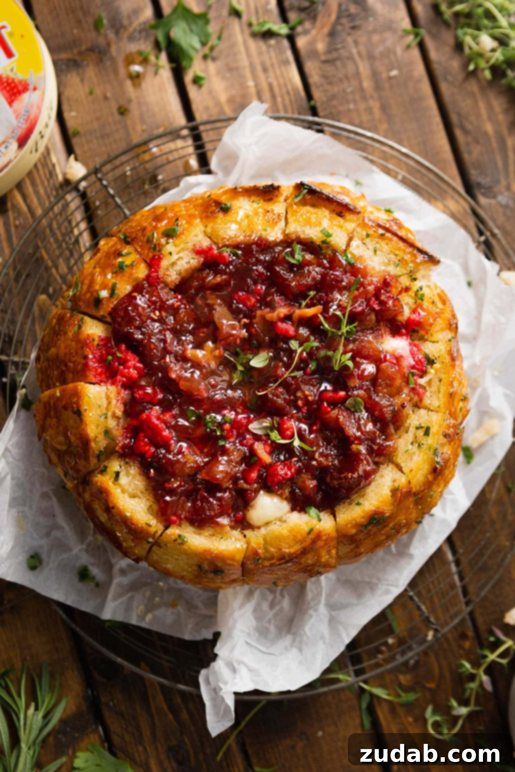 The Most Incredible Pull Apart Baked Brie A scooped-out sourdough bread bowl carefully filled with a wheel of brie cheese, topped with a luscious raspberry bacon onion jam, all ready for baking on parchment paper.