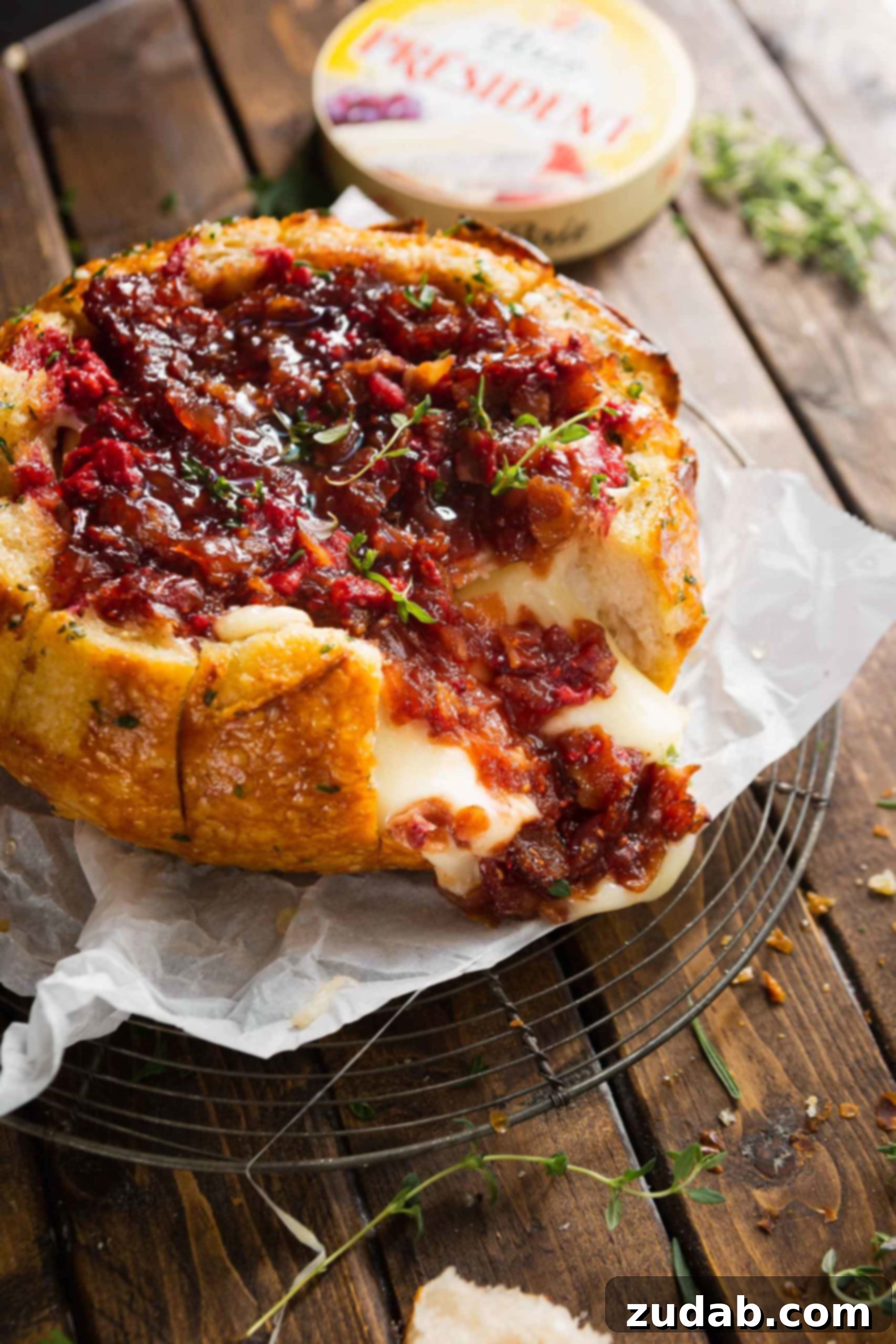 The Most Incredible Pull Apart Baked Brie A golden-brown sourdough bread bowl filled with melted baked brie, generously topped with raspberry onion jam, and garnished with fresh herbs, ready to be served.