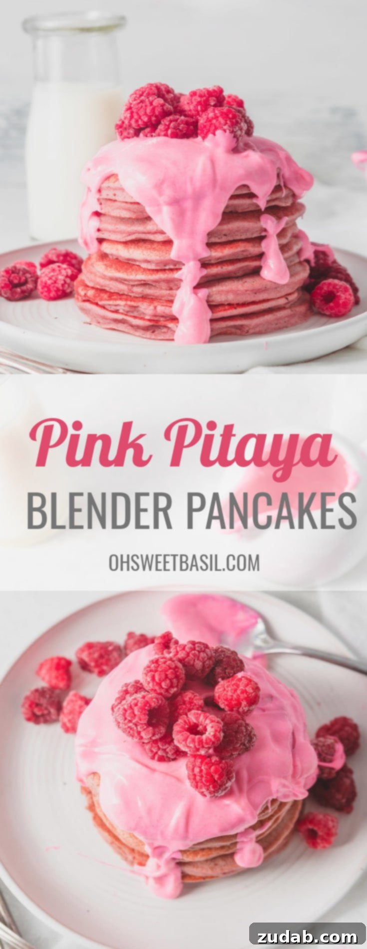 Wholesome Pink Pitaya Blender Stack 3 A large stack of healthy pink pitaya blender pancakes, generously covered with a thick pink chocolate sauce. Fresh raspberries are elegantly placed on top of the sauce and scattered around the plate, enhancing the visual appeal and natural sweetness.