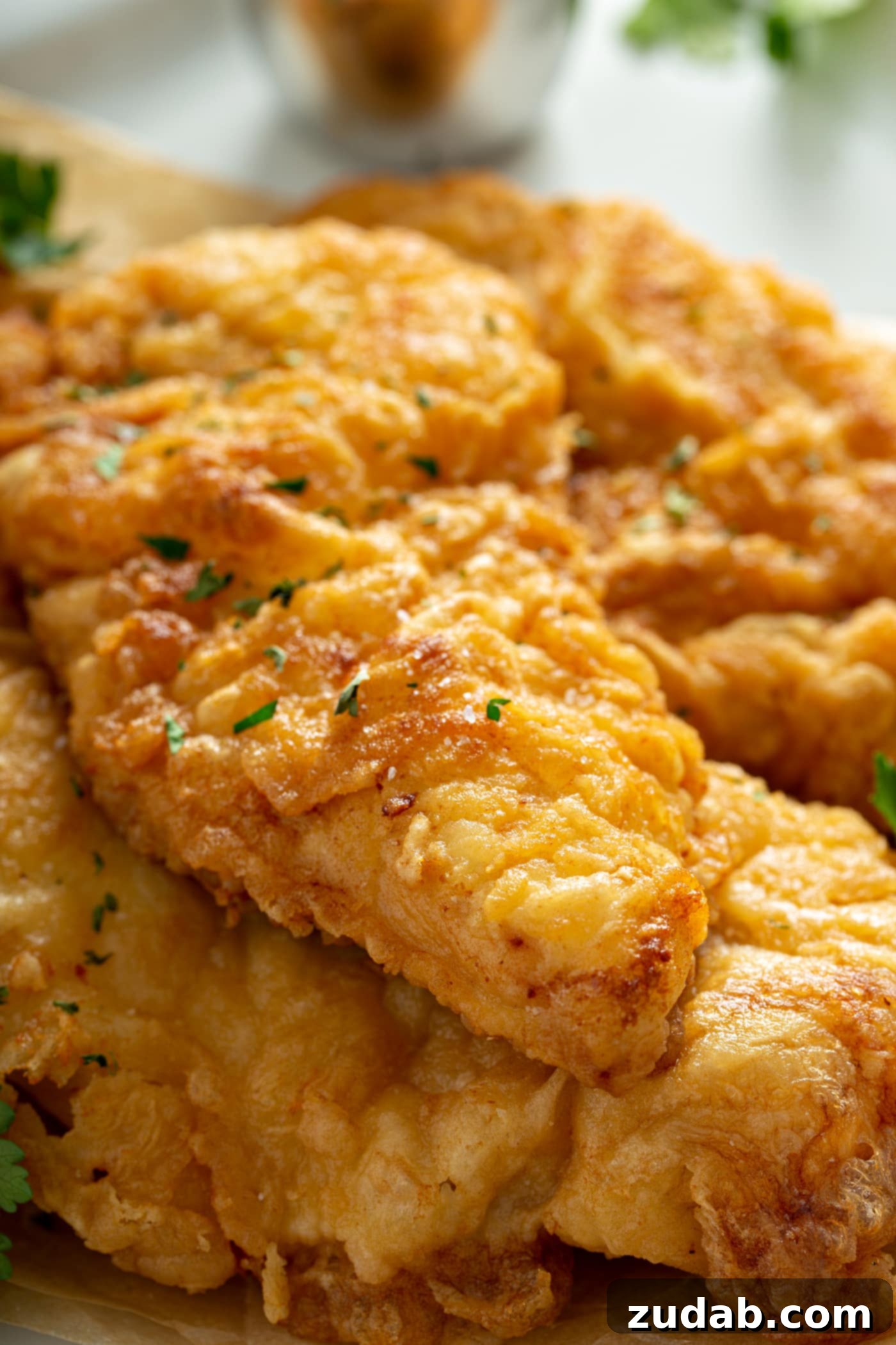 A close-up of chicken that has been cooked to a perfect golden brown.