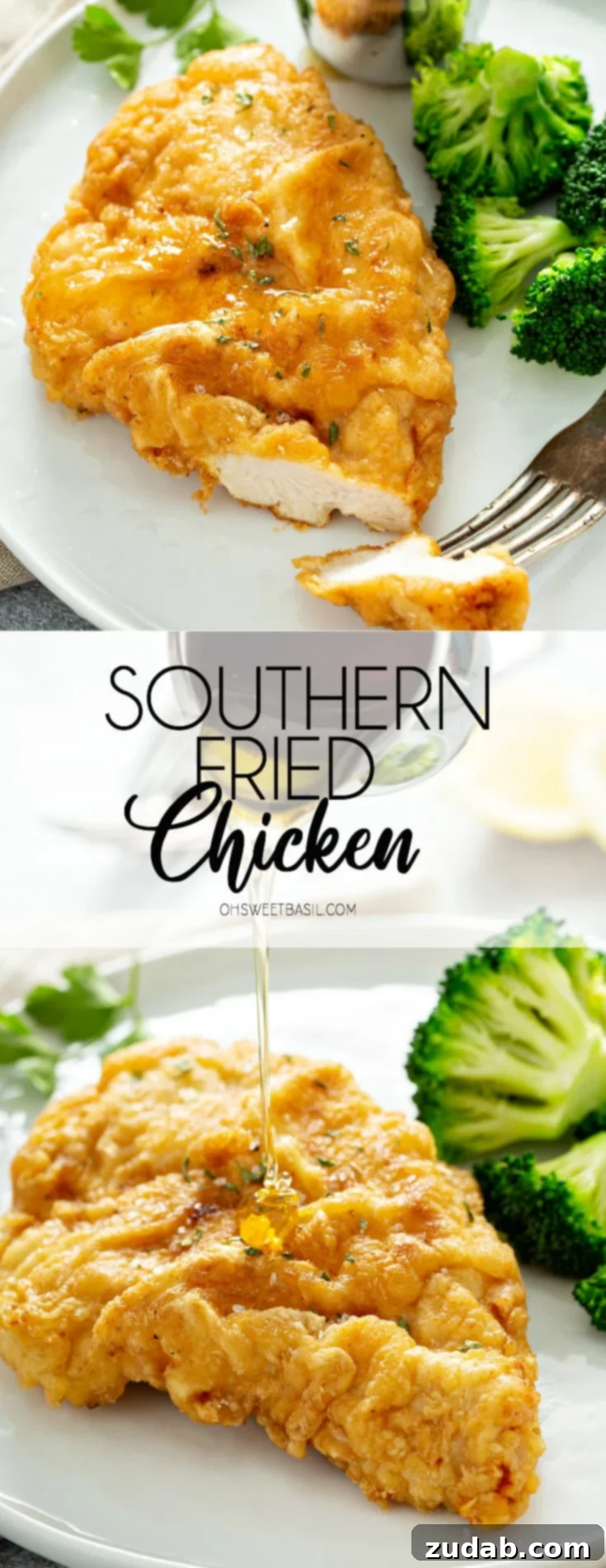 A white dinner plate containing golden brown fried chicken with broccoli and a silver container of dipping sauce on the side. There is a fork with a slice of chicken on it, resting on the plate.