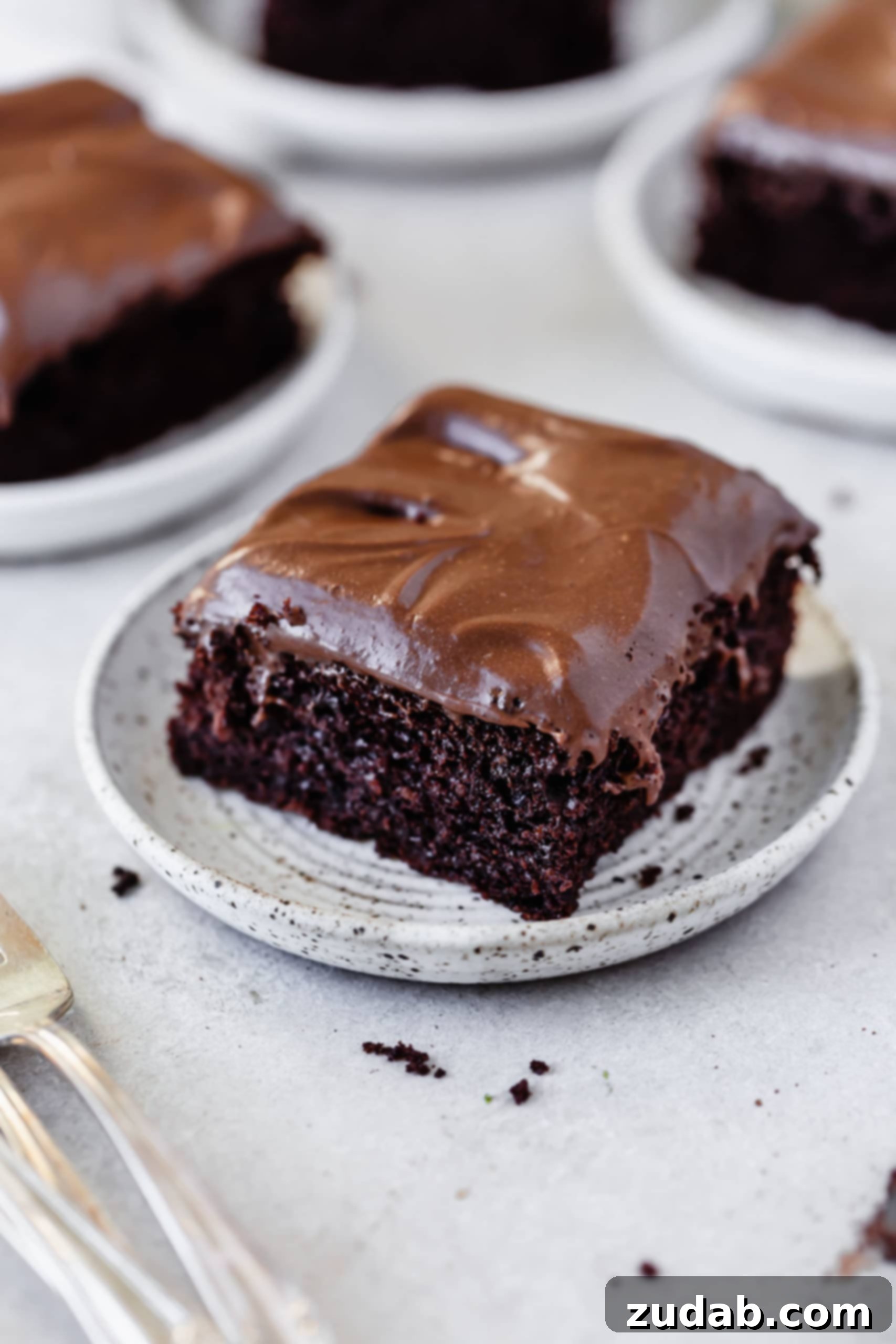 The Best Chocolate Mayonnaise Cake A dessert plate with a piece of chocolate mayonnaise cake frosted with chocolate cream cheese frosting. There are two more plates of cake in the background.