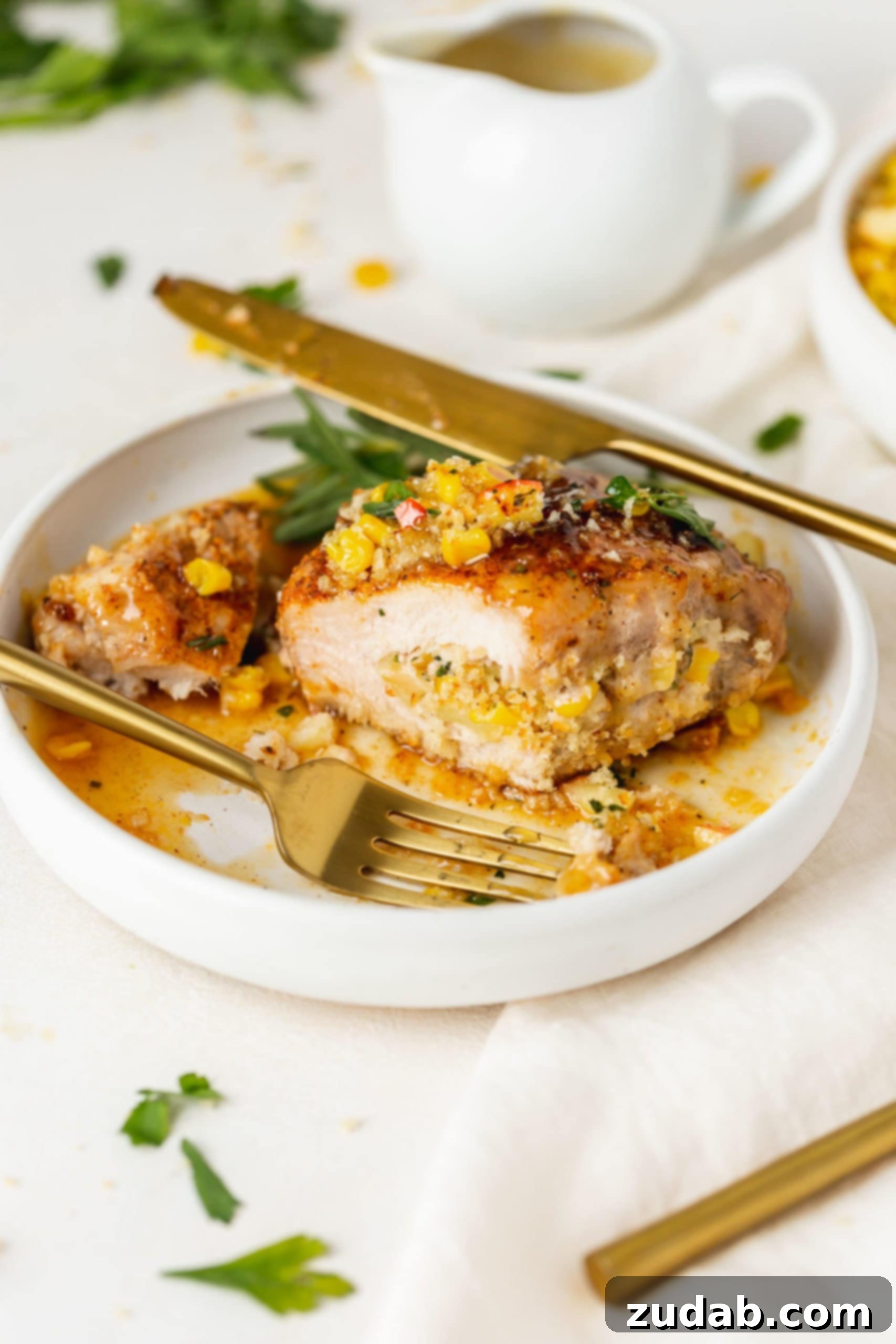 A stuffed pork chop that has been cut, exposing the stuffing inside. The pork chop is sitting in a golden sauce and a knife and fork are resting on the plate.