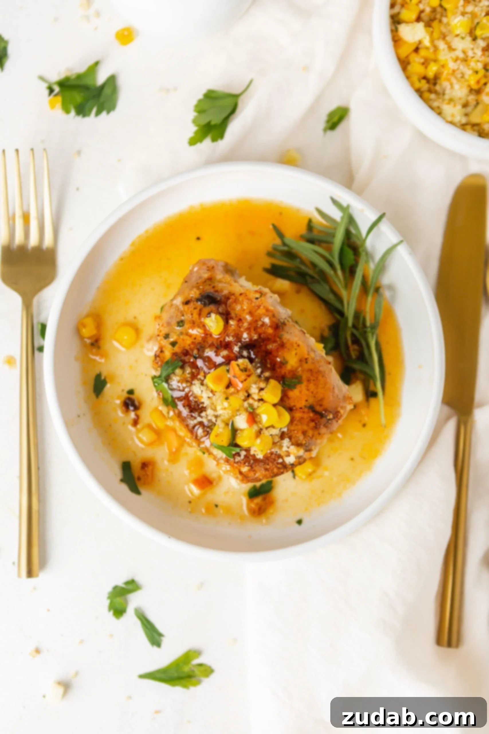 A stuffed pork chop on a dinner plate. The pork chop is sitting in a light golden sauce and bits of the stuffing are laying in the sauce. A knife and fork are beside the plate.