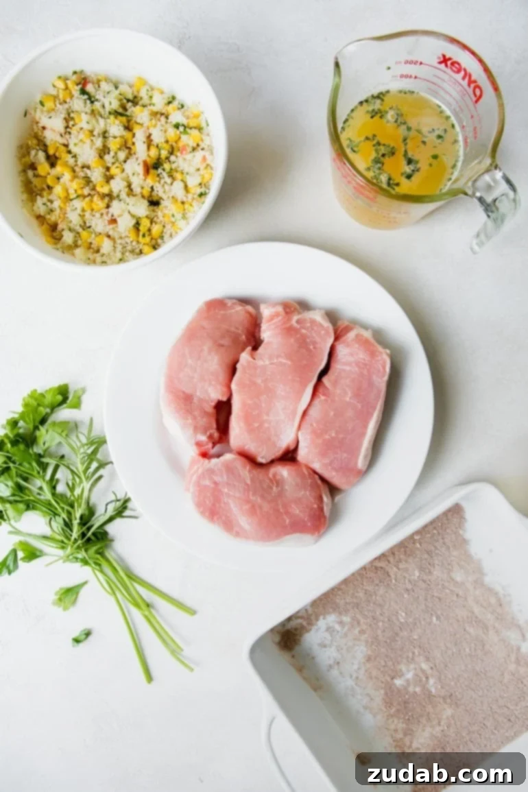 a photo of all the ingredients for stuff pork chops sitting on individual plates