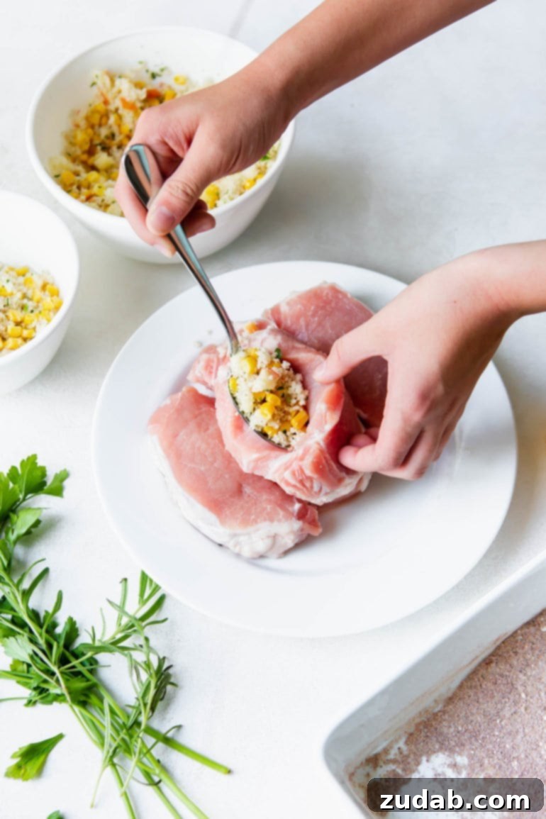 Uncooked pork chops. One pork chop has been cut opened and a spoonful of stuffing is being put inside. Fresh sage and a bowl of bread crumbs are sitting nearby.