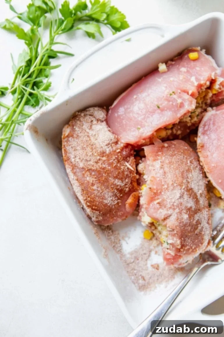 Four pork chops that have been stuffed and placed in a baking dish.
