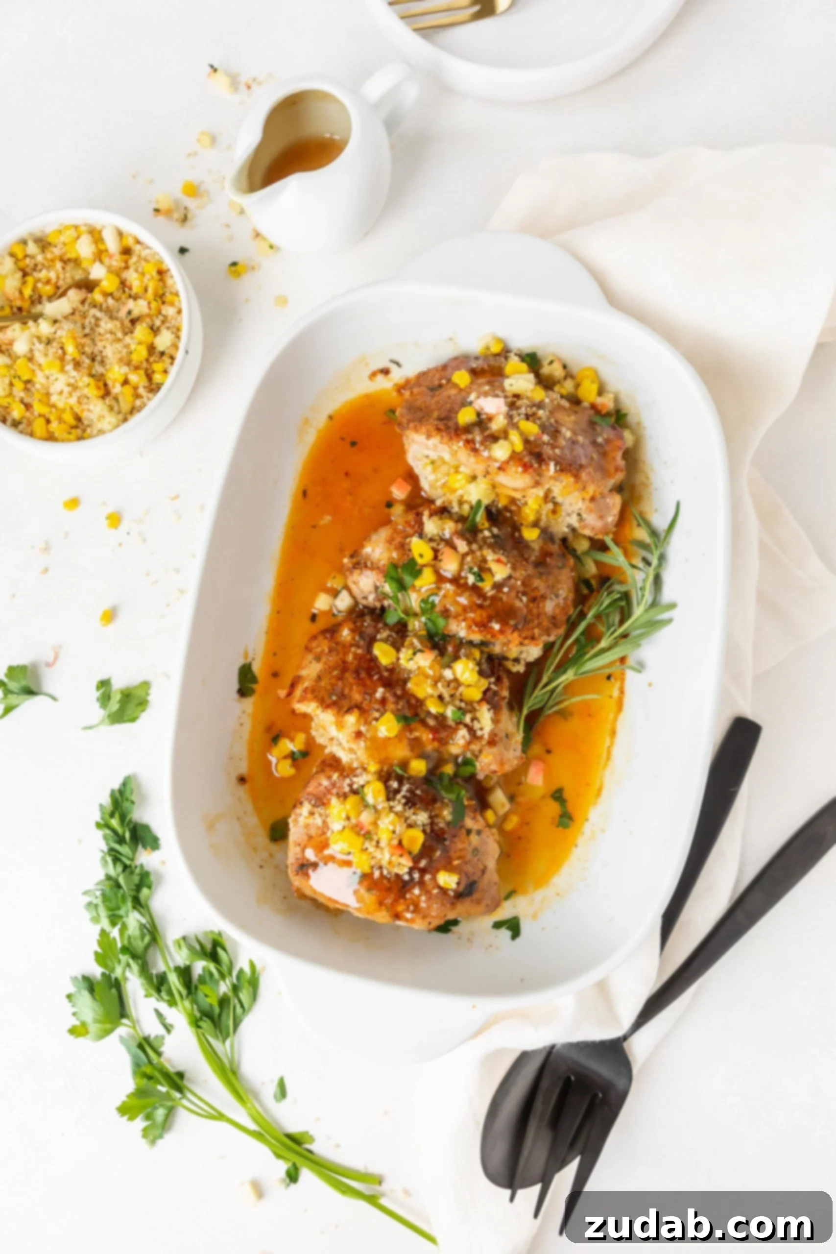 A serving platter with stuffed pork chops. The pork chops have a sauce poured over the top. There is fresh sage and a bowl of stuffing next to the platter.