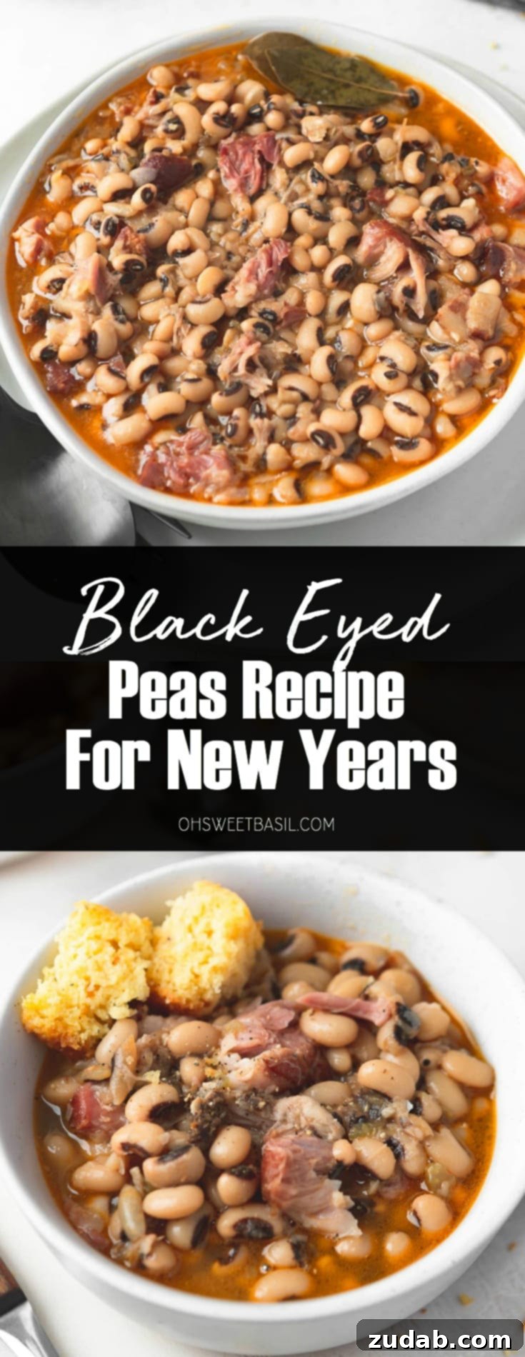 A picture of a bowl of southern black eyed peas. The bowl is sitting on a saucer and there is a fork and spoon next to the bowl. A plate of cornbread is in the background.