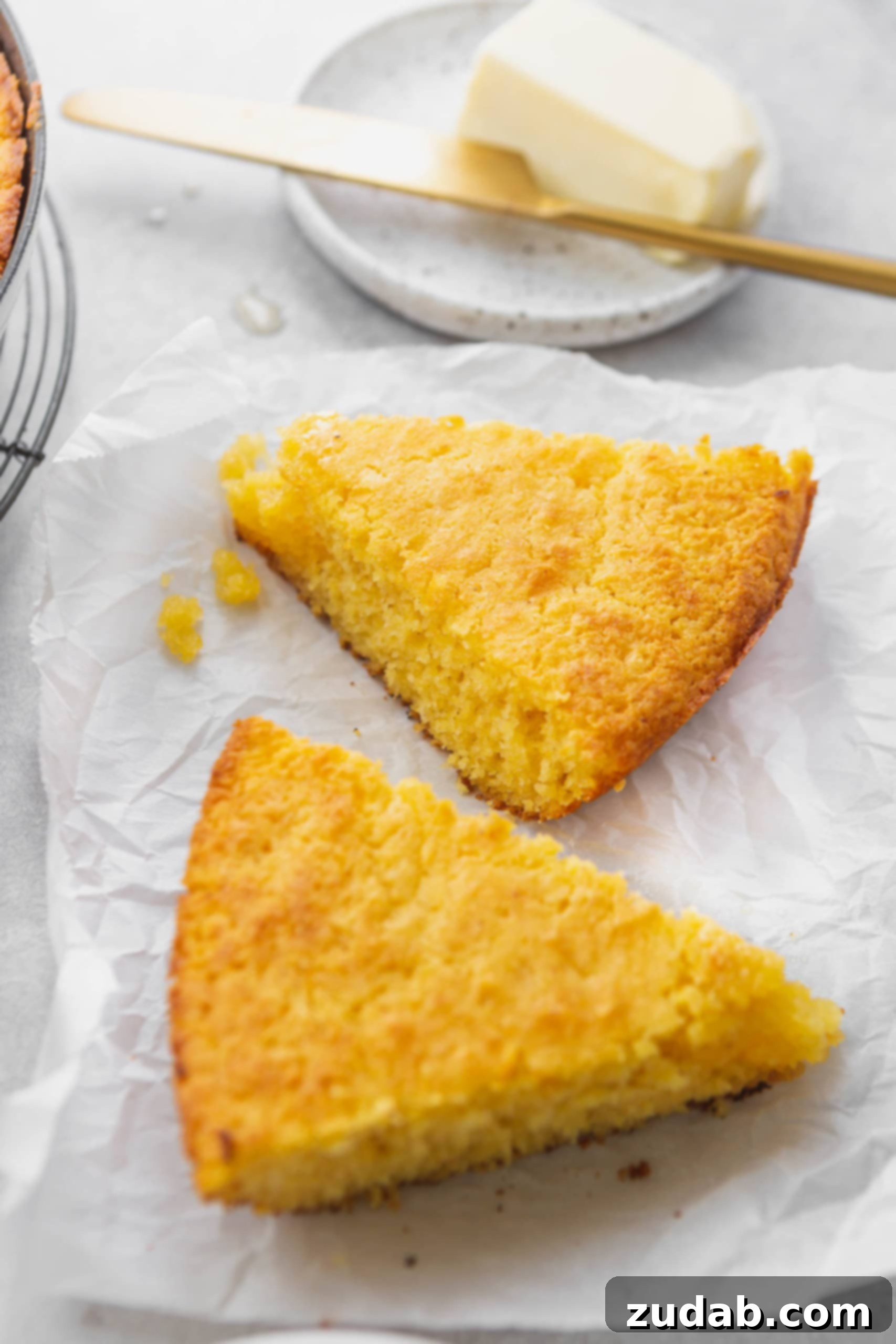 Perfectly Moist Skillet Cornbread Two golden-brown slices of Southern skillet cornbread with perfectly crispy edges.