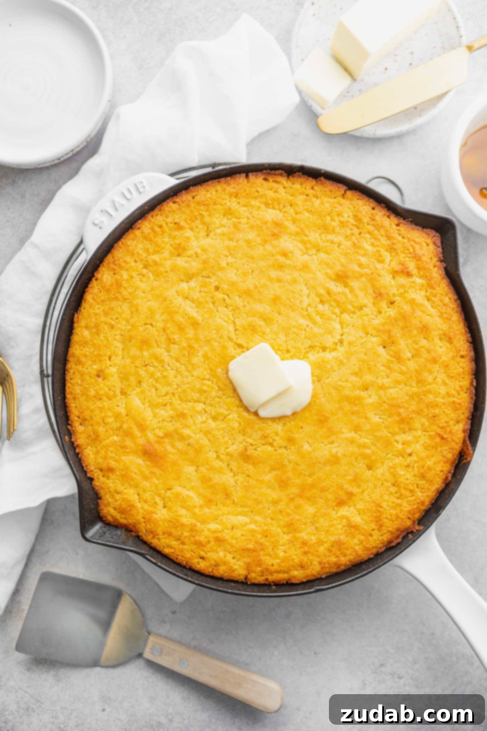 Perfectly Moist Skillet Cornbread A baked cornbread in a cast iron skillet, garnished with two small cubes of melting butter.