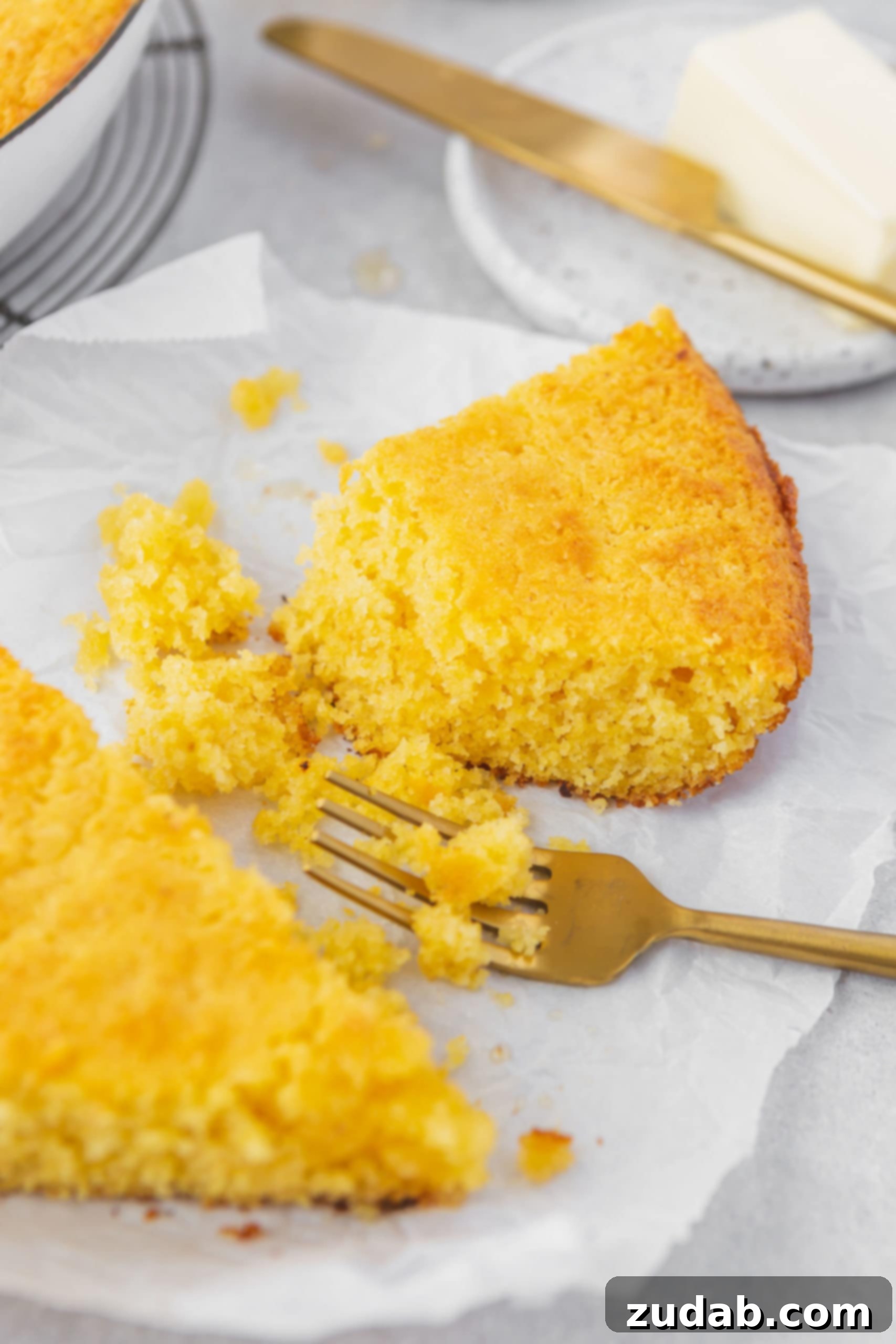 Perfectly Moist Skillet Cornbread A partially eaten piece of Southern cornbread with a fork next to it, and another piece in the background.