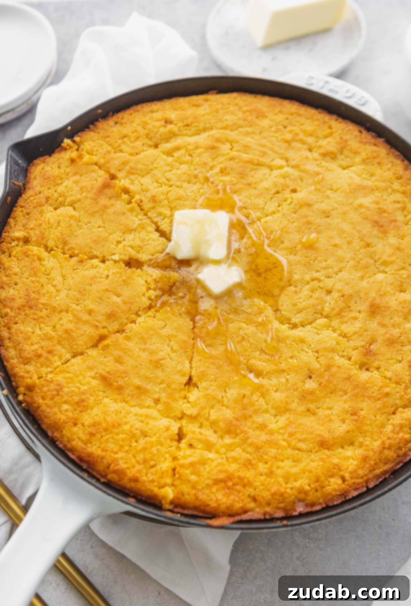 Perfectly Moist Skillet Cornbread A cast iron skillet containing freshly baked and sliced cornbread, topped with two melting pats of butter.