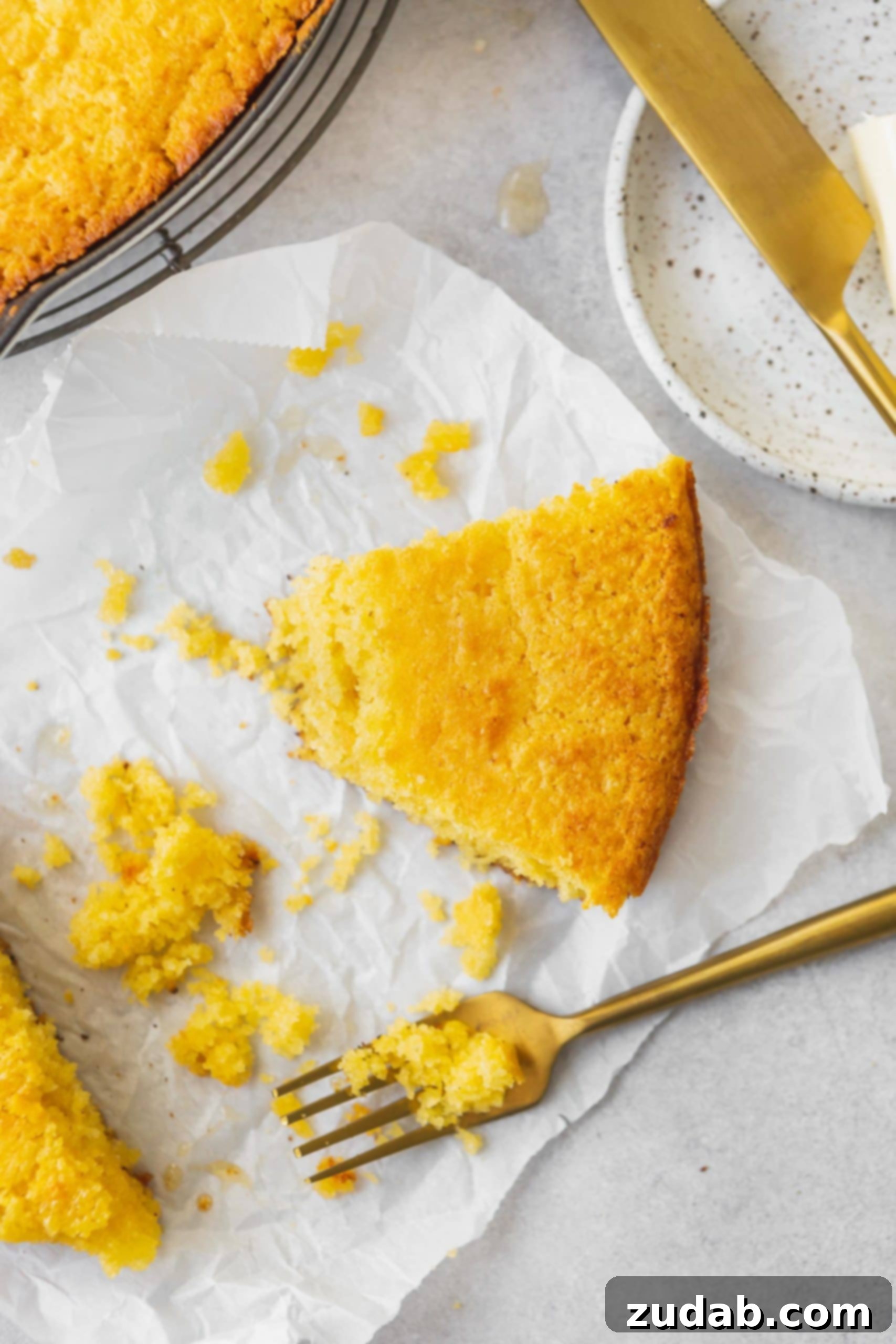Perfectly Moist Skillet Cornbread A partially eaten piece of cornbread resting on a plate with a fork nearby.