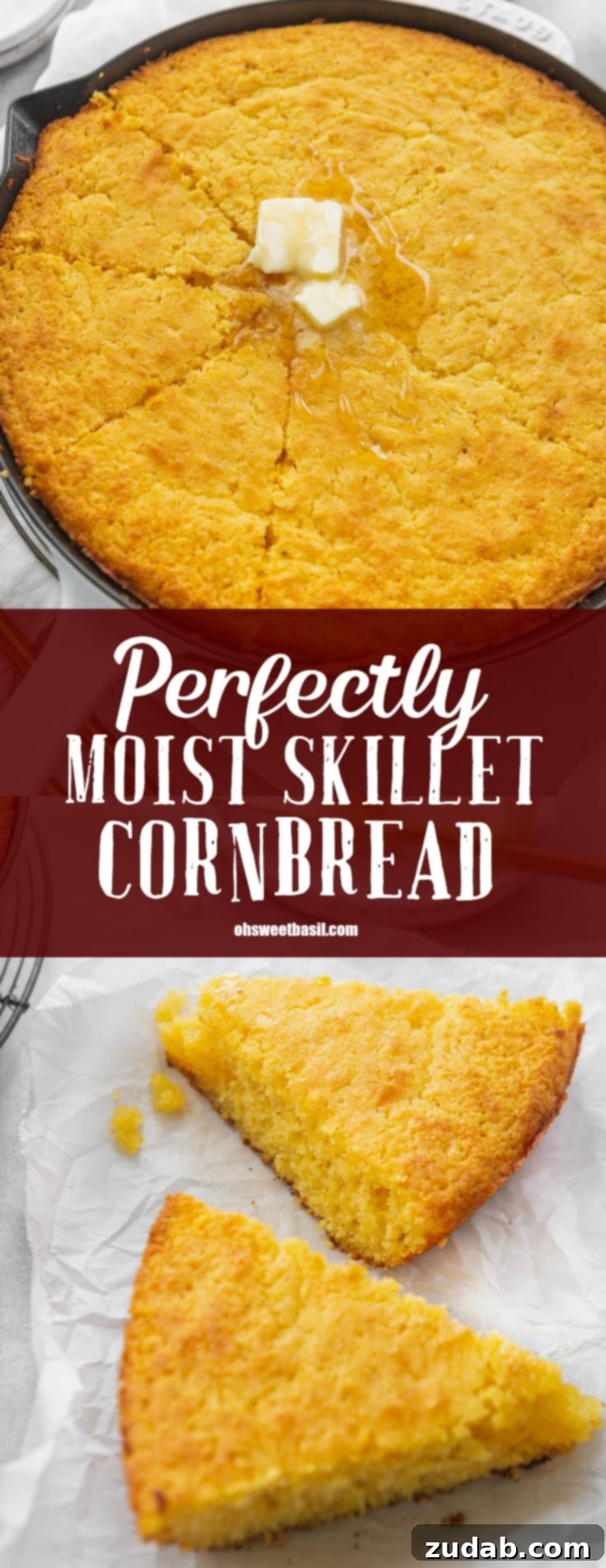 The Ultimate Moist Skillet Cornbread 3 Two slices of Southern skillet cornbread displaying their soft interior and crisp edges.