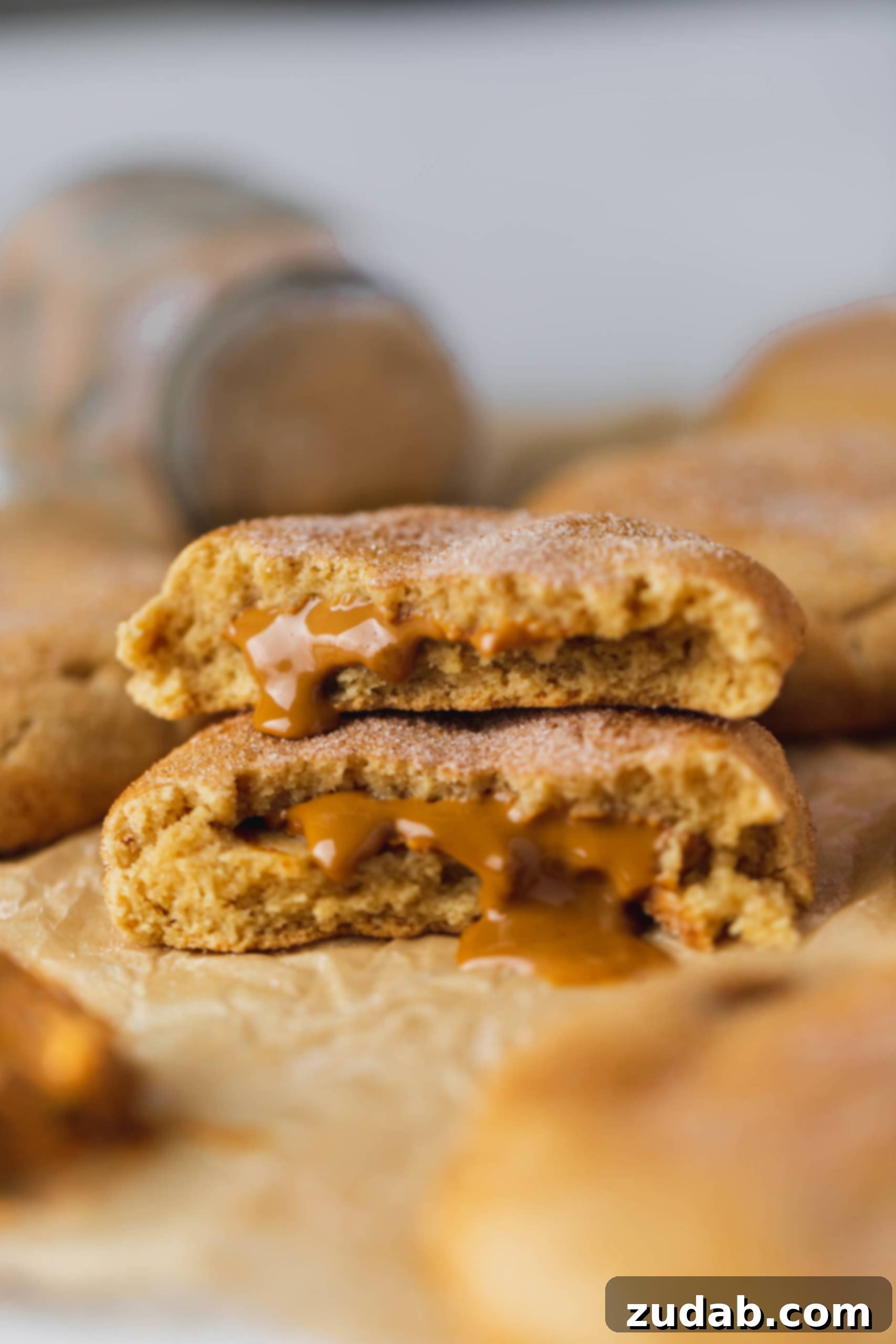 Biscoff Stuffed Snickerdoodle Cookies A biscoff stuffed snickerdoodle that is broken in half and the halves are stacked on top of each other. You can see the biscoff center.