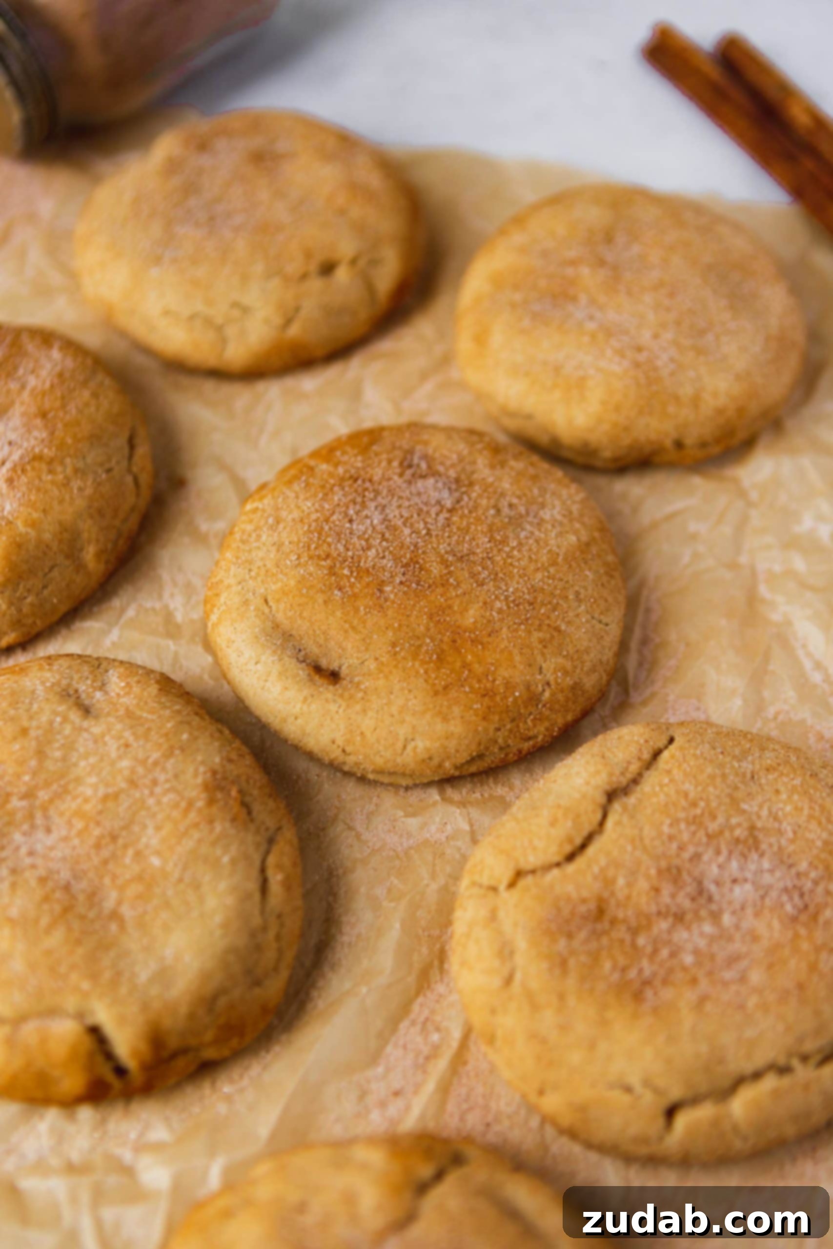 Biscoff Stuffed Snickerdoodle Cookies Baked snickerdoodles sprinkled with cinnamon sugar.