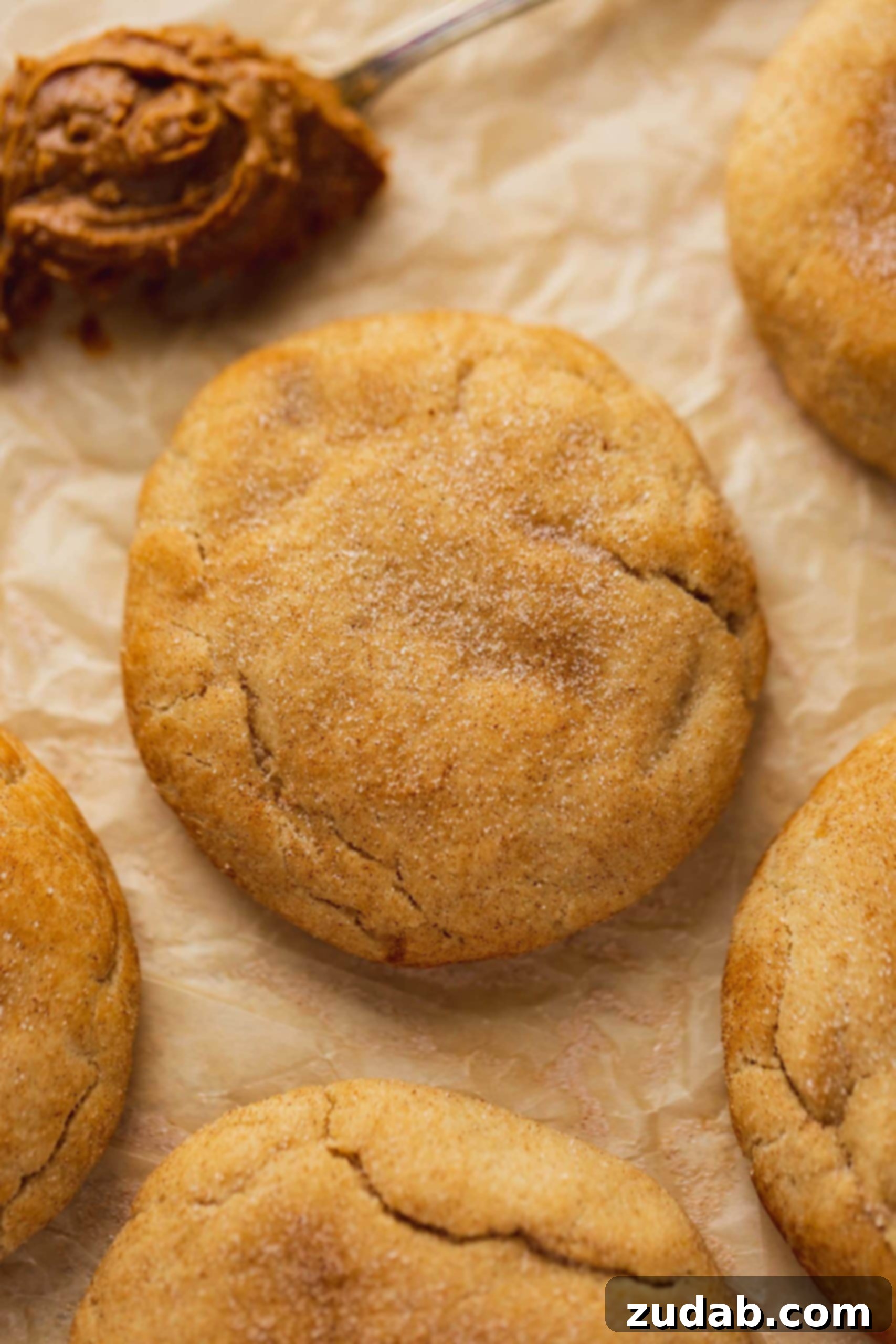 Biscoff Stuffed Snickerdoodle Cookies A baked biscoff stuffed snickerdoodle sprinkled with cinnamon sugar. There are other snickerdoodles around the cookie.