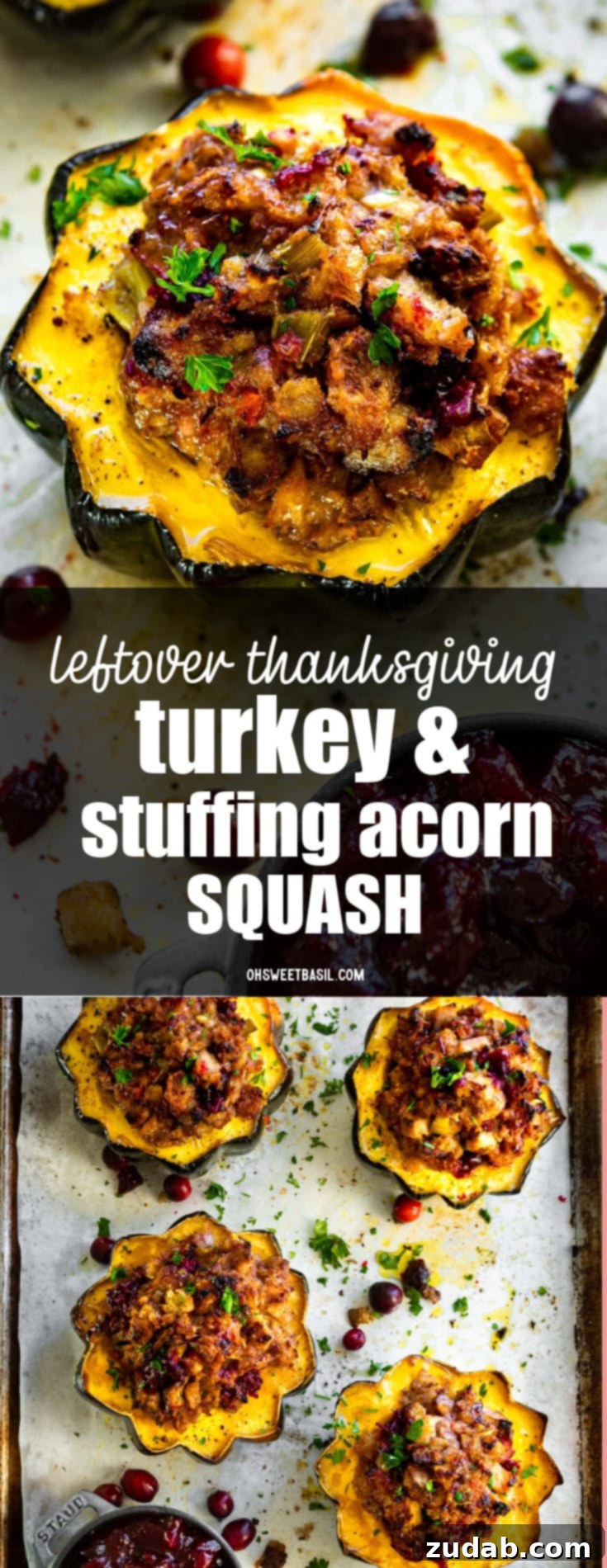 Autumn Stuffed Acorn Squash with Turkey and Dressing 3 A photo of several acorn squash halves, cut-side up on a baking sheet, that have been generously stuffed with a mixture of turkey, stuffing, and cranberries.