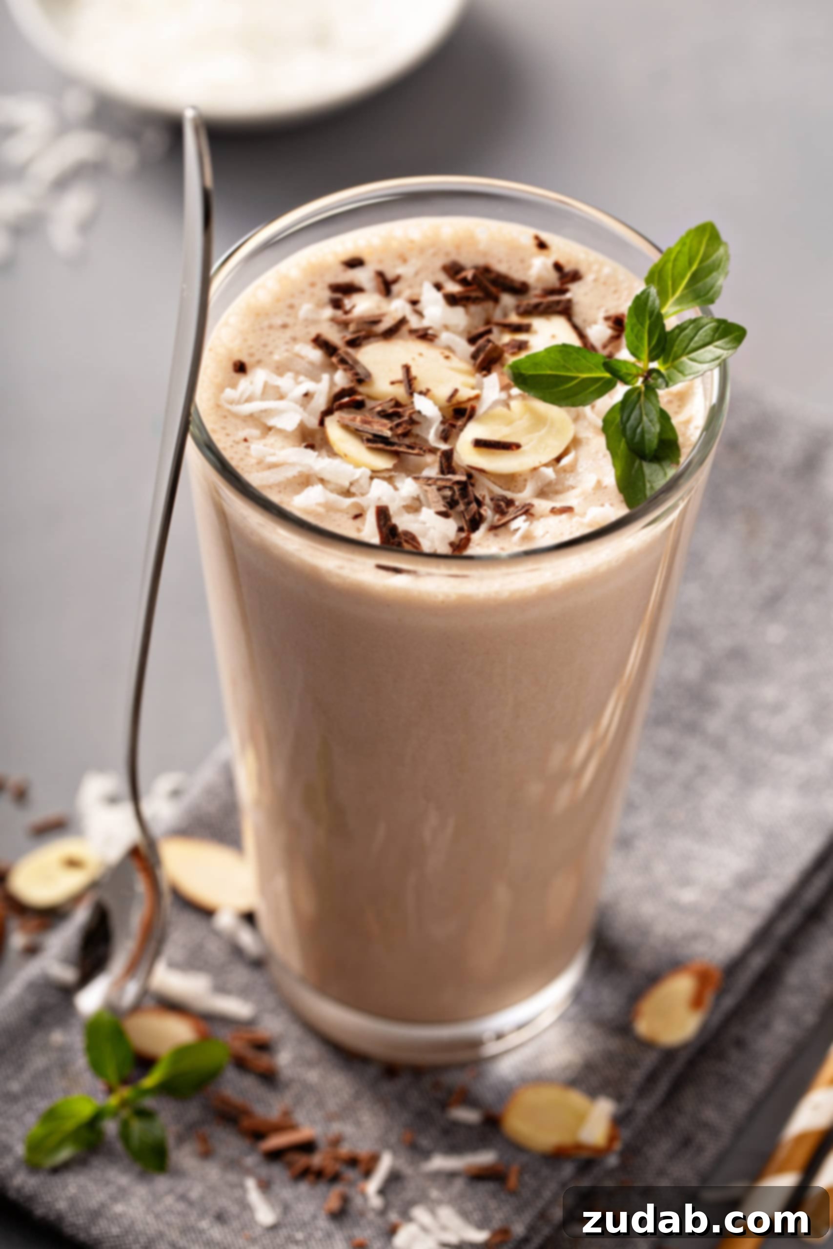 Over 25 Healthy Recipes 2 A tall glass of almond joy chocolate coconut protein shake, garnished with fresh mint leaves and a long spoon.