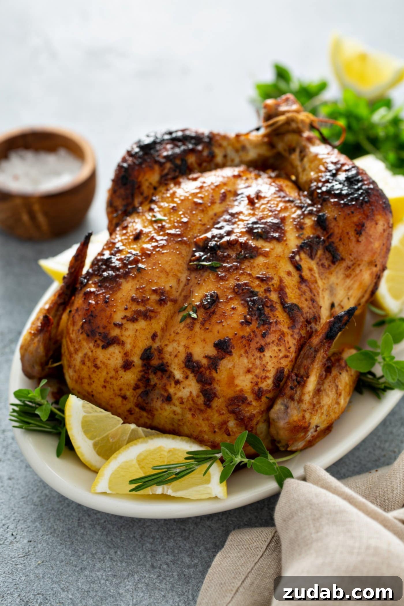 Over 25 Healthy Recipes 12 A whole roasted chicken, golden-brown and glistening, presented on a platter with fresh lemon wedges and thyme sprigs.