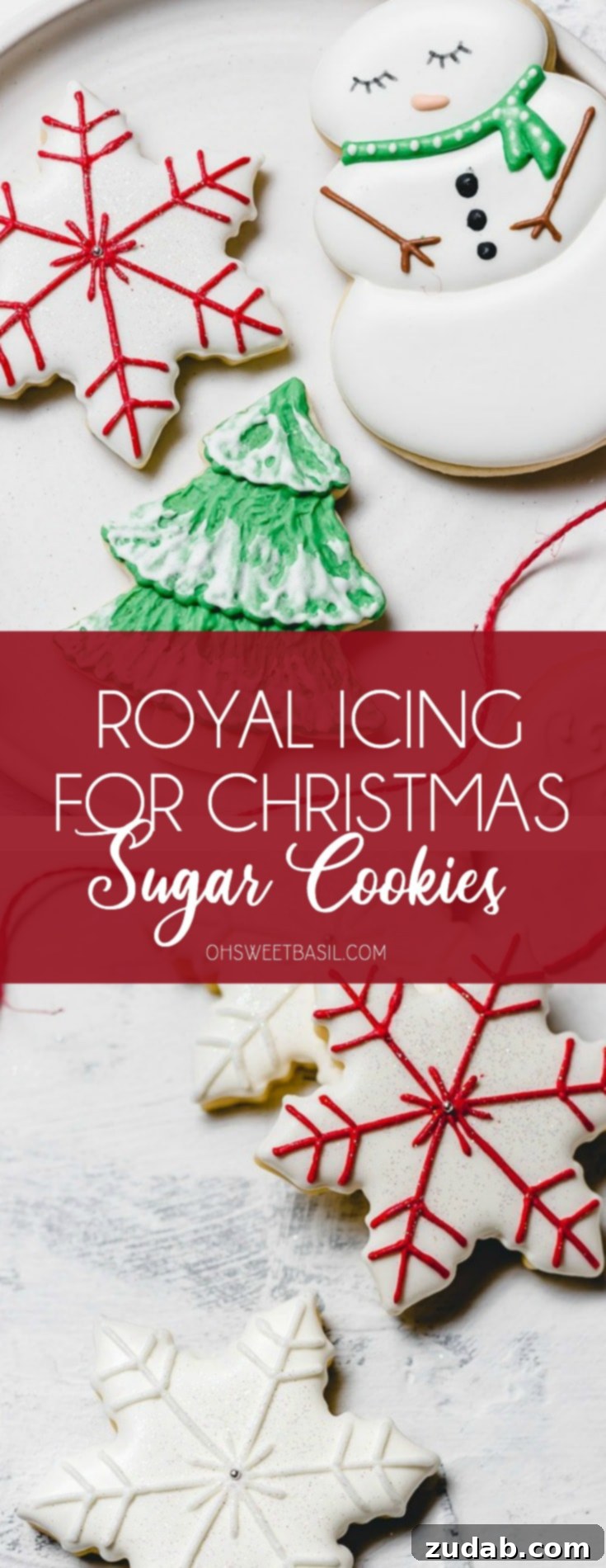 The Best Royal Icing for Holiday Cookies 12 Two festive Christmas sugar cookies decorated with smooth royal icing, featuring a detailed snowman and an intricate snowflake design.