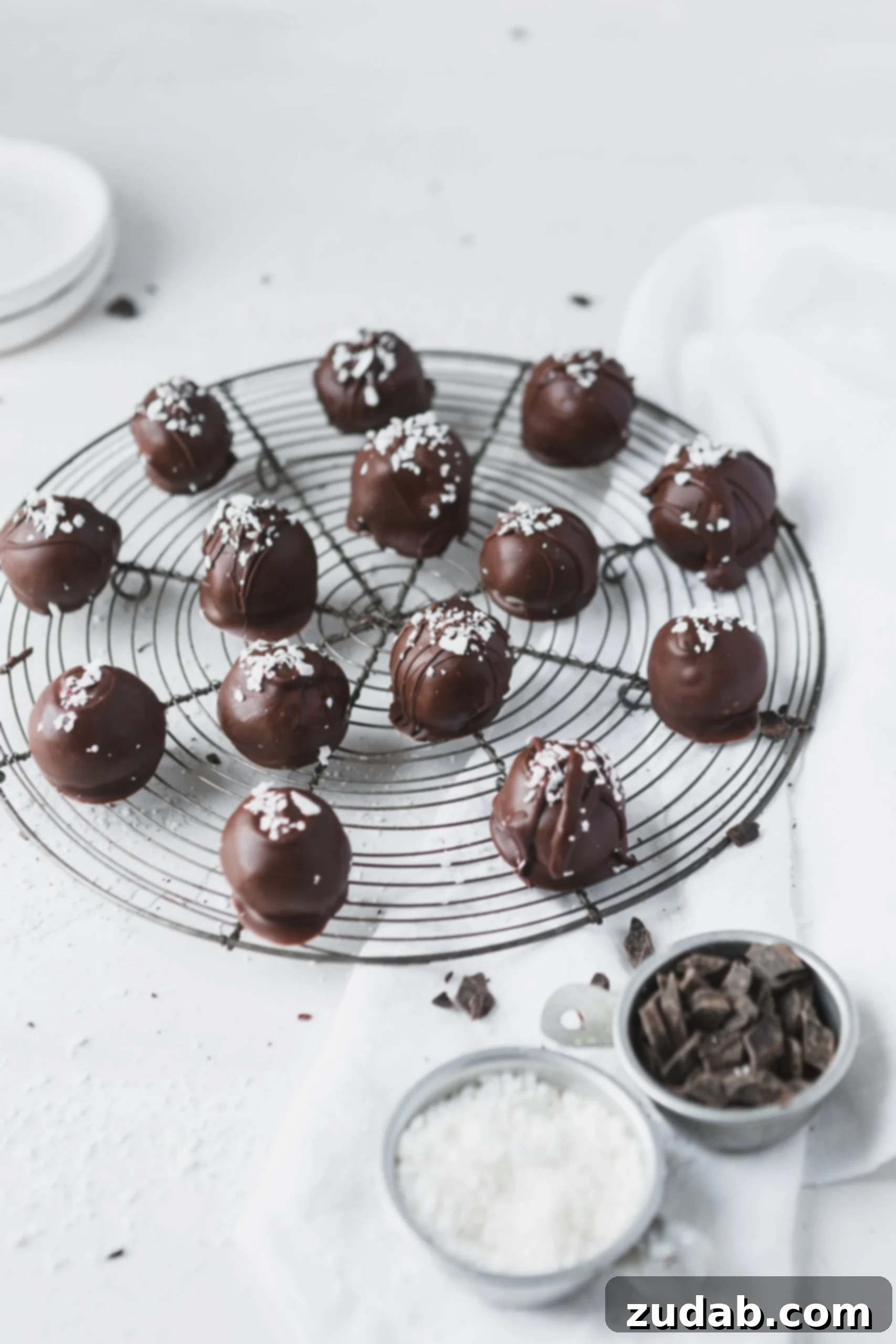 Chocolate Covered Coconut Balls A wire rack with chocolate dipped coconut balls. A little sprinkle of coconut is sprinkled on top of each ball and a small dish of chocolate in next to the rack.