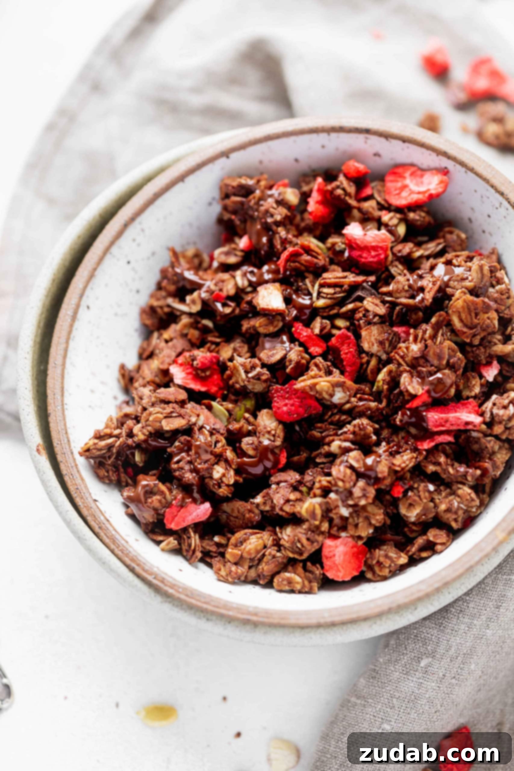 Chocolate Lovers Granola With Strawberries A bowl of chocolate lovers granola with strawberries. You can see the chunks of oats coated in chocolate and the red strawberries.