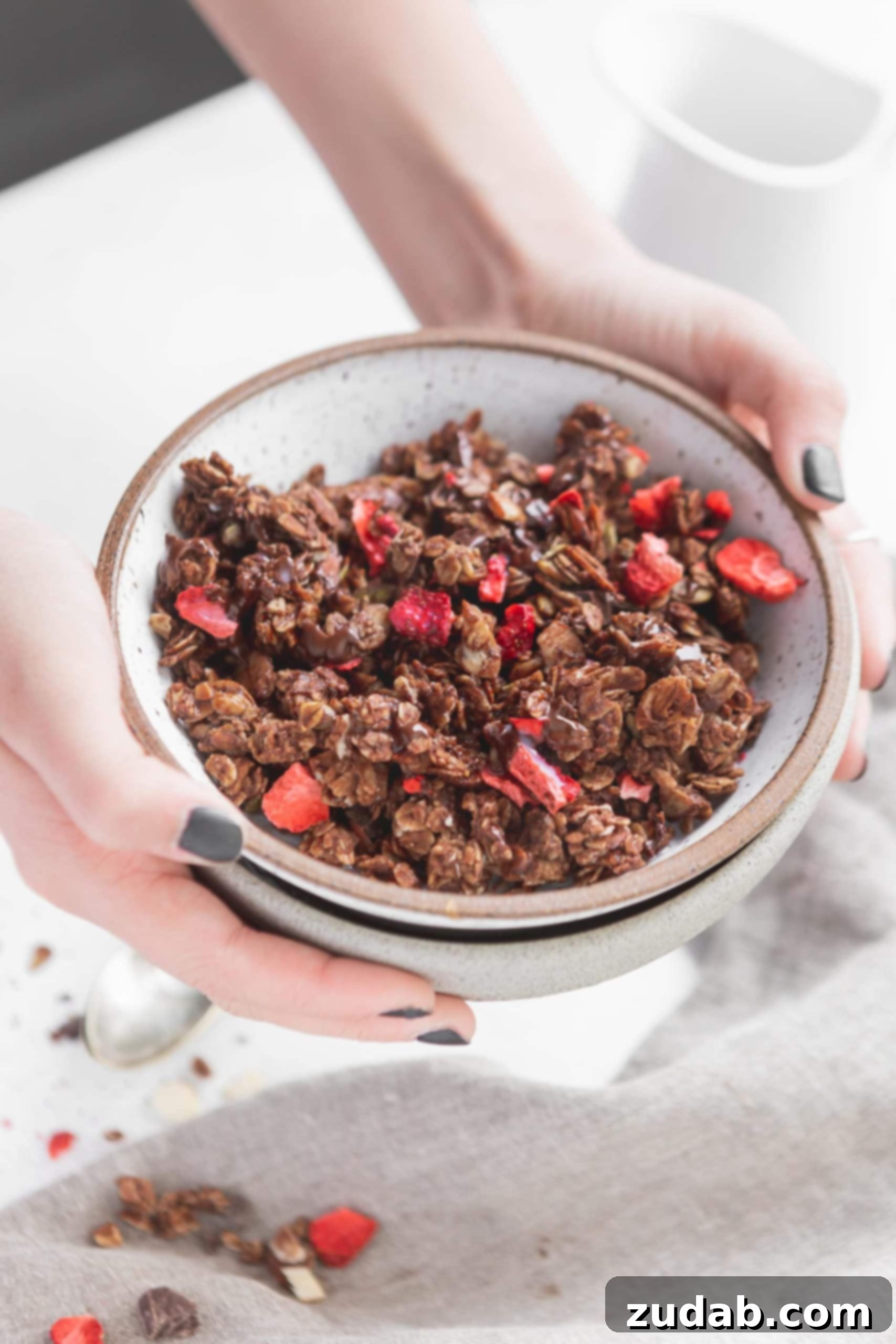 Chocolate Lovers Granola With Strawberries A bowl of chocolate lovers granola with strawberries. There are chocolate covered oats with strawberries and chunks of chocolate.