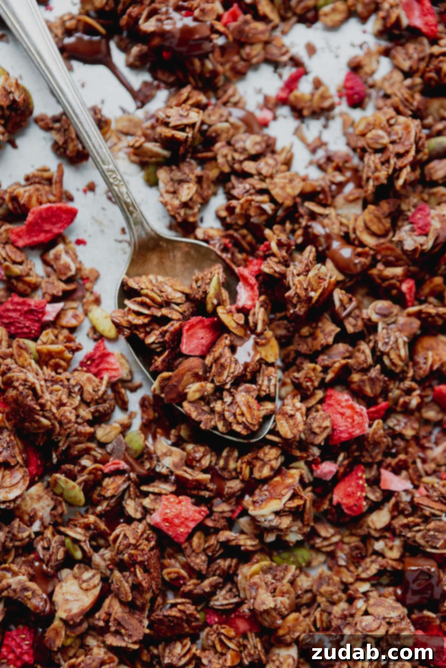 Chocolate Lovers Granola With Strawberries Chocolate granola with dehydrated strawberries on a baking pan with a spoon.