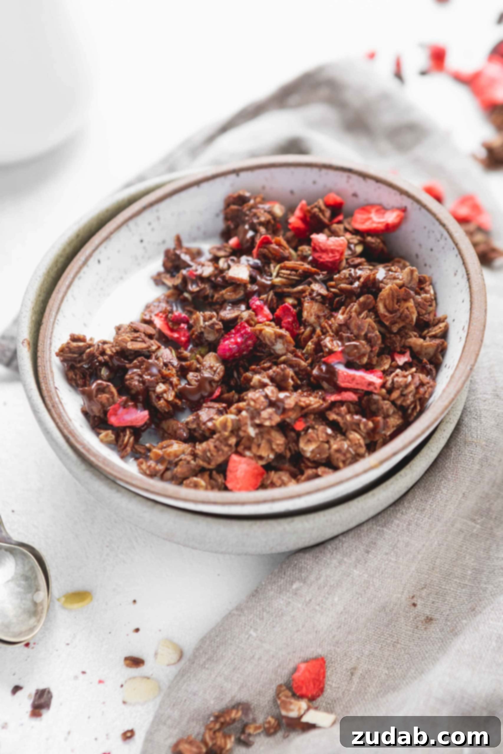 Chocolate Lovers Granola With Strawberries A bowl of chocolate lovers granola with chunks of chocolate and strawberries.