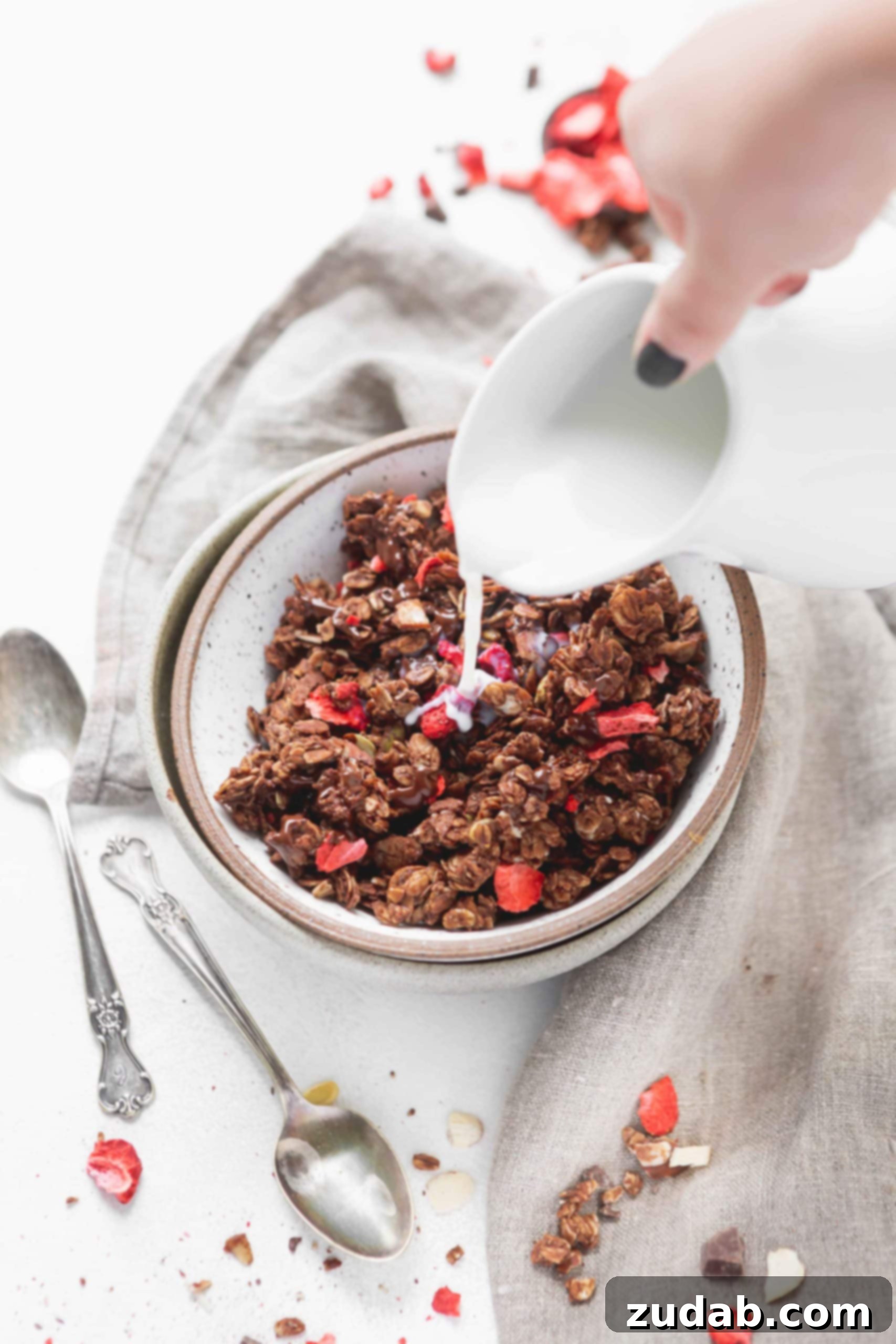 Chocolate Lovers Granola With Strawberries A bowl of chocolate lovers granola with strawberries. Milk is being poured over the granola and two spoons are on the table next to the bowl of granola.