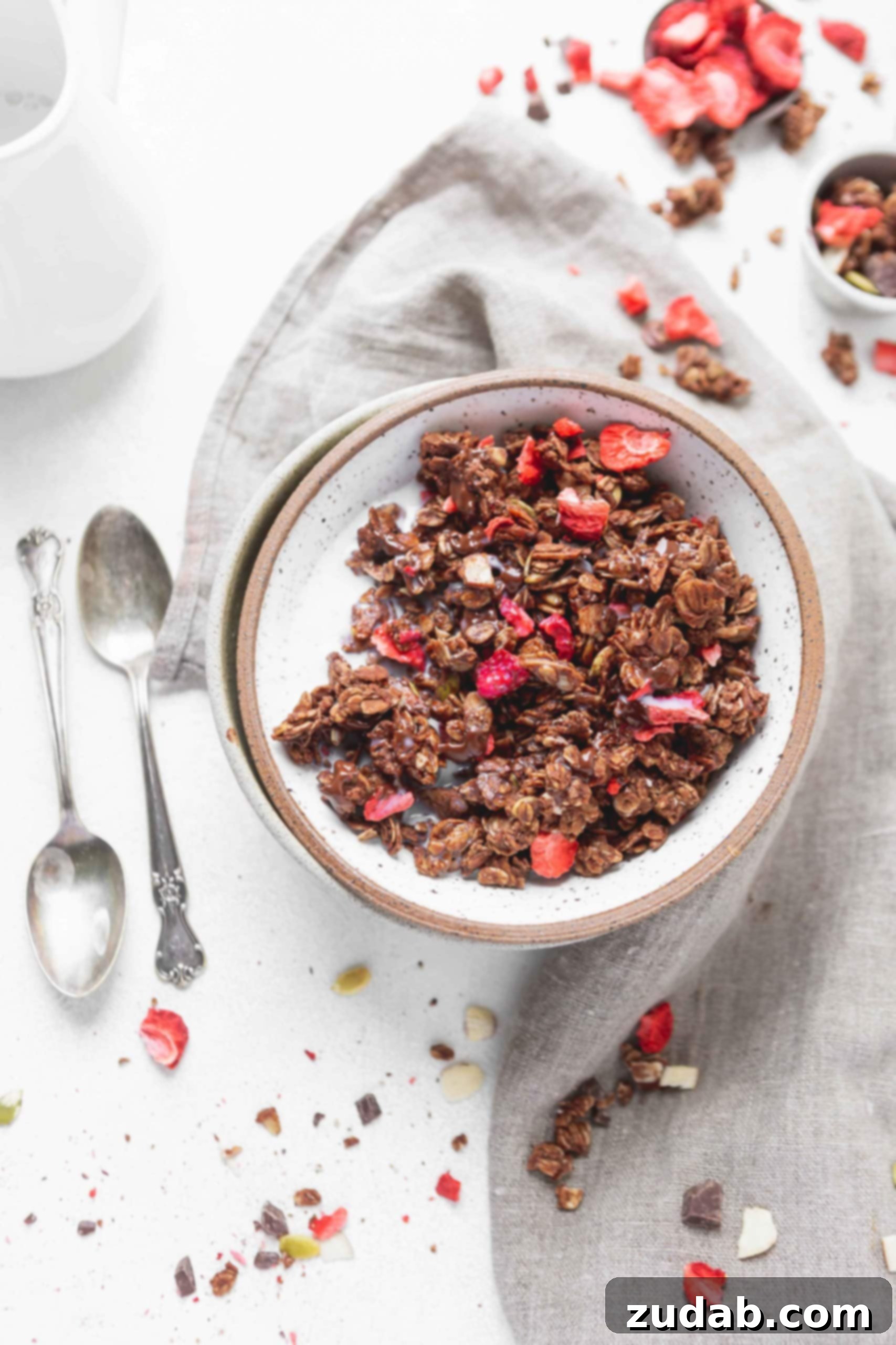 Chocolate Lovers Granola With Strawberries A bowl of chocolate lovers granola with strawberries. There are chunks of chocolate covered oats, chocolate pieces and strawberries. Two spoons are near the bowl.