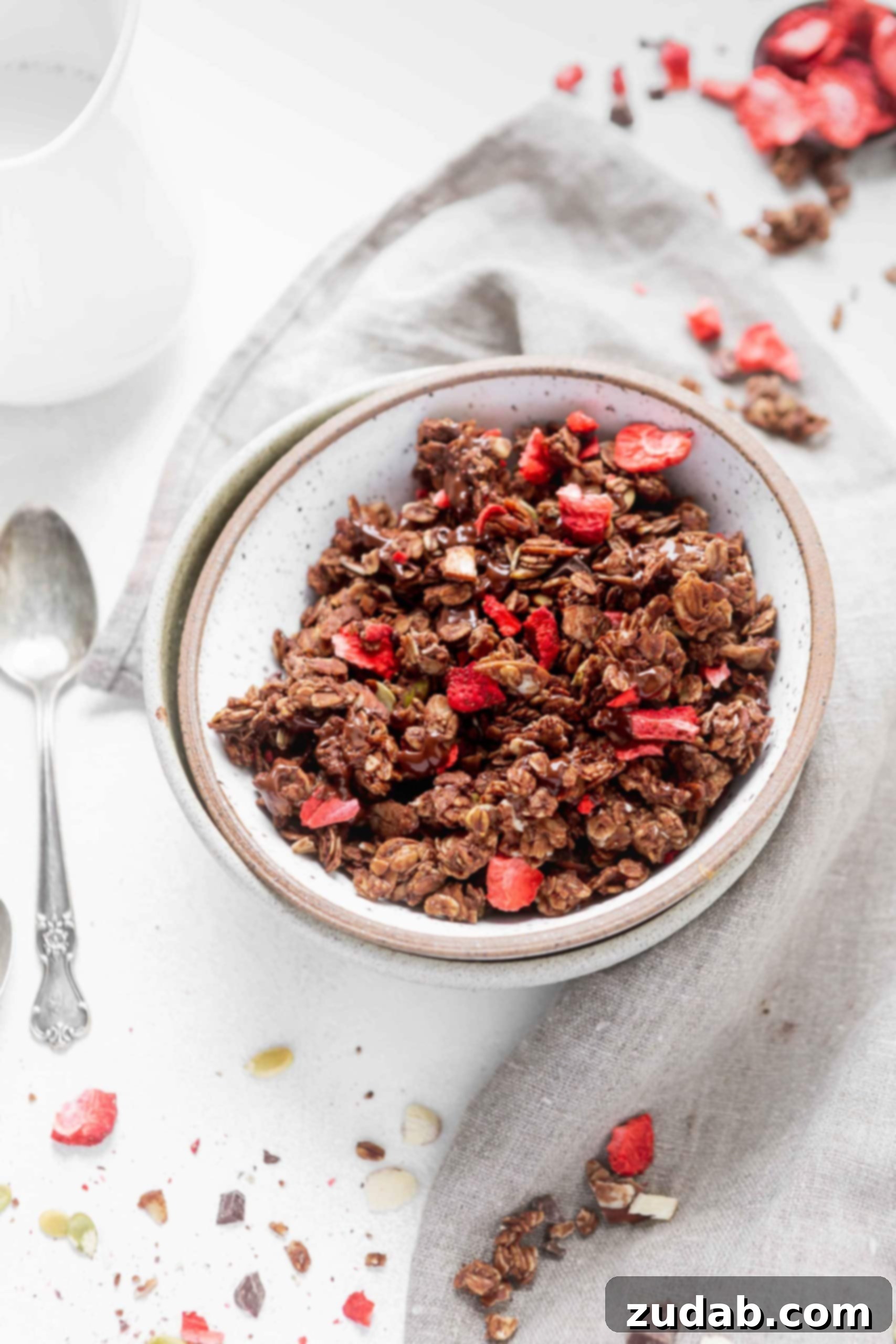 Chocolate Lovers Granola With Strawberries A bowl of chocolate lovers granola with strawberries.