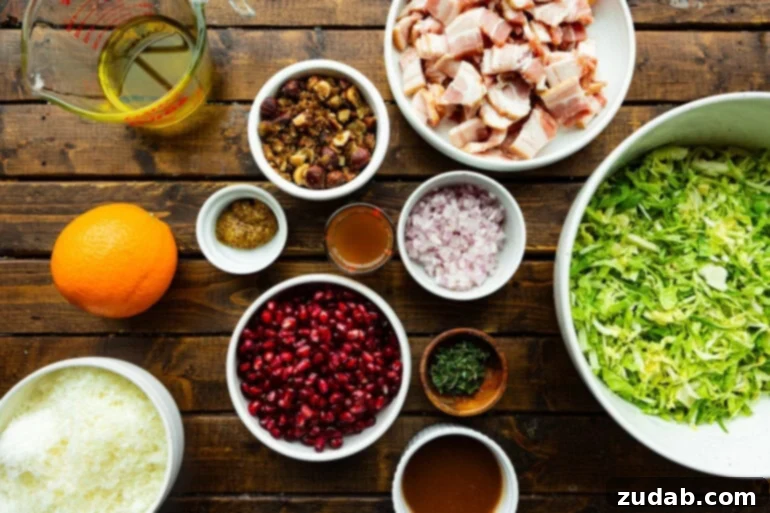 Jeweled Pomegranate Brussels Sprout Salad 4 An overhead shot showcasing the organized ingredients on a counter, ready for the Brussels sprouts salad. It includes fresh shredded Brussels sprouts, crispy bacon, bright pomegranate arils, shaved Manchego cheese, toasted hazelnuts, alongside olive oil, apple butter, stone-ground mustard, and fresh thyme for the dressing.