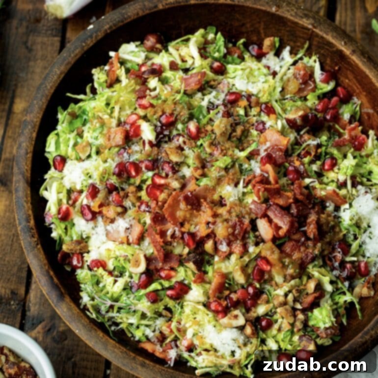 Jeweled Pomegranate Brussels Sprout Salad 6 A generous bowl of warm Brussels sprouts salad, artfully garnished with crispy bacon, glistening pomegranate arils, a scattering of toasted nuts, and delicate shavings of Manchego cheese, all lightly drizzled with the tangy apple cider vinaigrette.