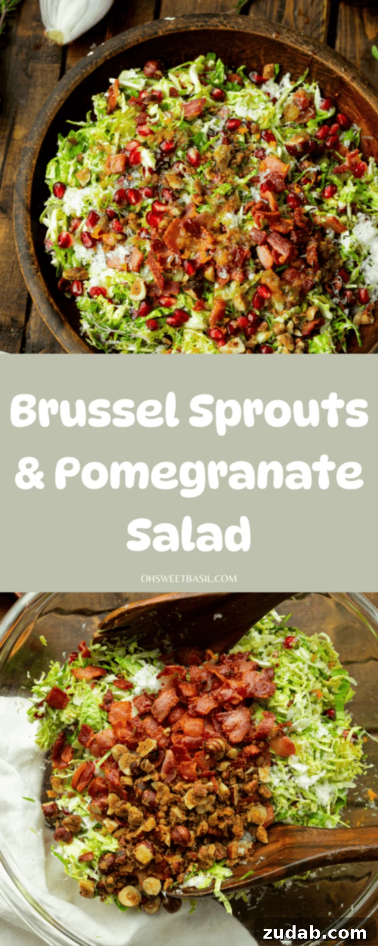 Jeweled Pomegranate Brussels Sprout Salad 8 A delicious winter salad featuring shredded Brussels sprouts, crispy bacon, creamy cheese, and crunchy nuts, generously sprinkled with pomegranate arils.