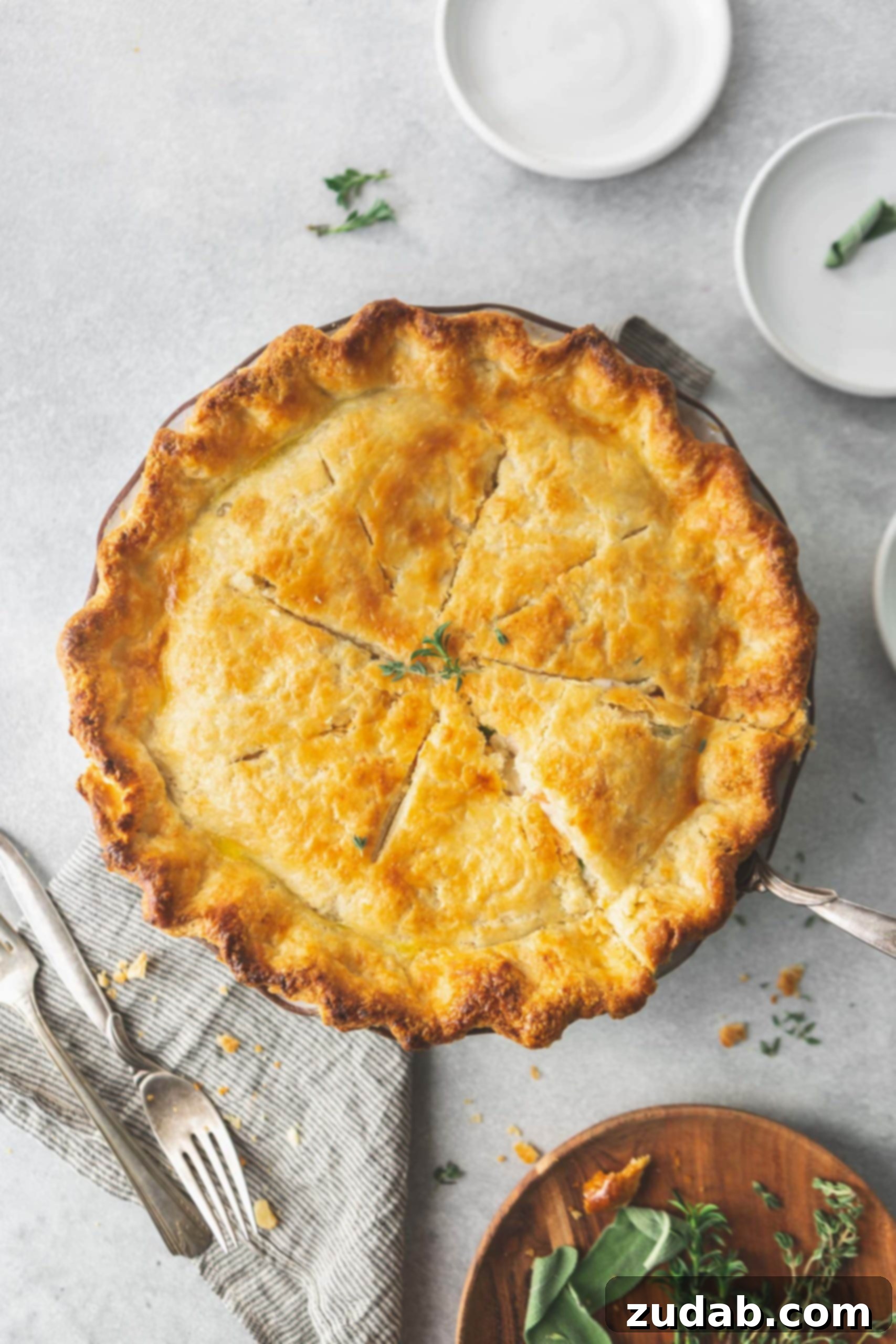 Turkey Pot Pie A overhead picture of a turkey pot pie. The crust is golden brown.